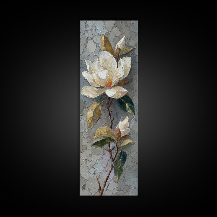 Single White Magnolia on Charcoal Ground Canvas Print, Floral Art, Botanical Art, Living Room Decor, Oil Painting, Bloom, FLO-1x3-40