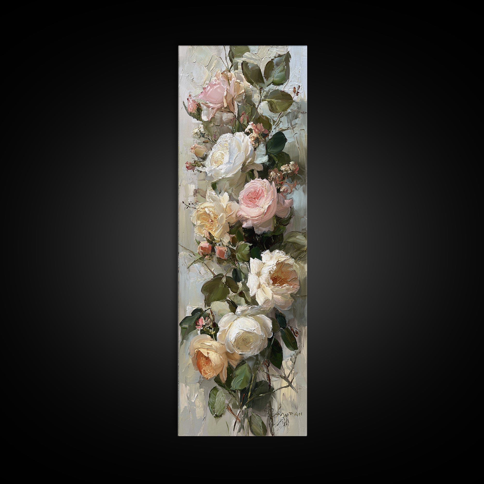 Floral Wreath of Garden Roses and Herbs Framed Canvas Print, Floral Art, Textured Painting, Living Room Decor, Fine Art, Bloom, FLO-1x3-53