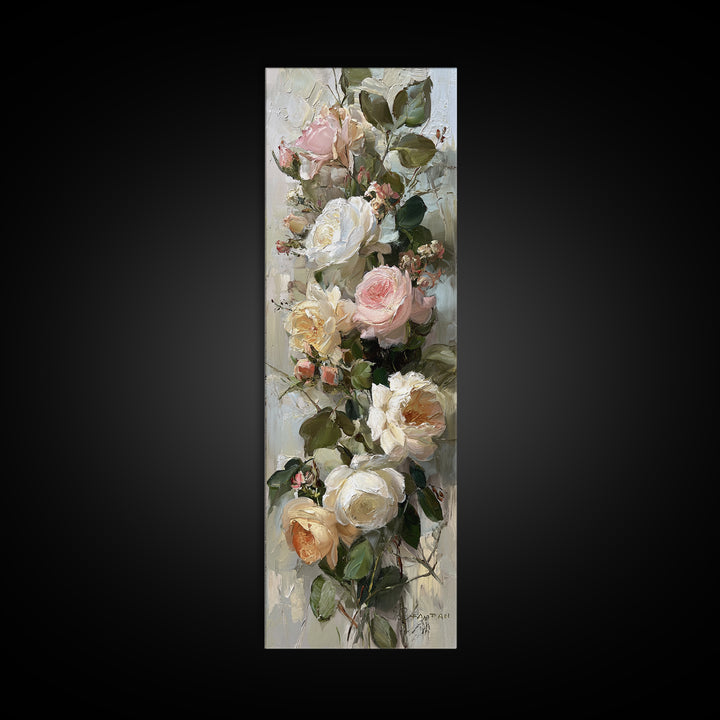 Floral Wreath of Garden Roses and Herbs Framed Canvas Print, Floral Art, Textured Painting, Living Room Decor, Fine Art, Bloom, FLO-1x3-53