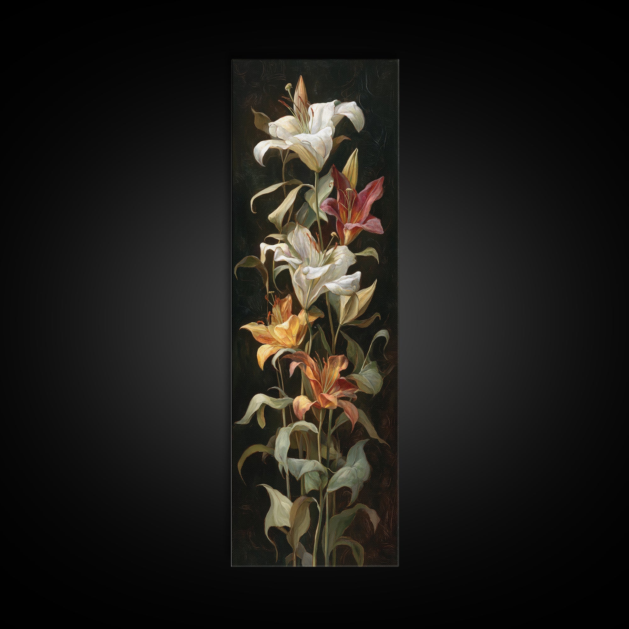 Lily Bouquet with Dramatic Dark Background Canvas Print, Floral Art, Art Nouveau Decor, Living Room Decor, Fine Art, Bloom, FLO-1x3-56