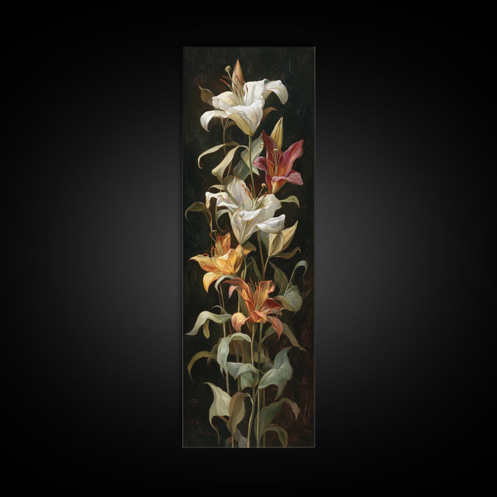Lily Bouquet with Dramatic Dark Background Canvas Print, Floral Art, Art Nouveau Decor, Living Room Decor, Fine Art, Bloom, FLO-1x3-56