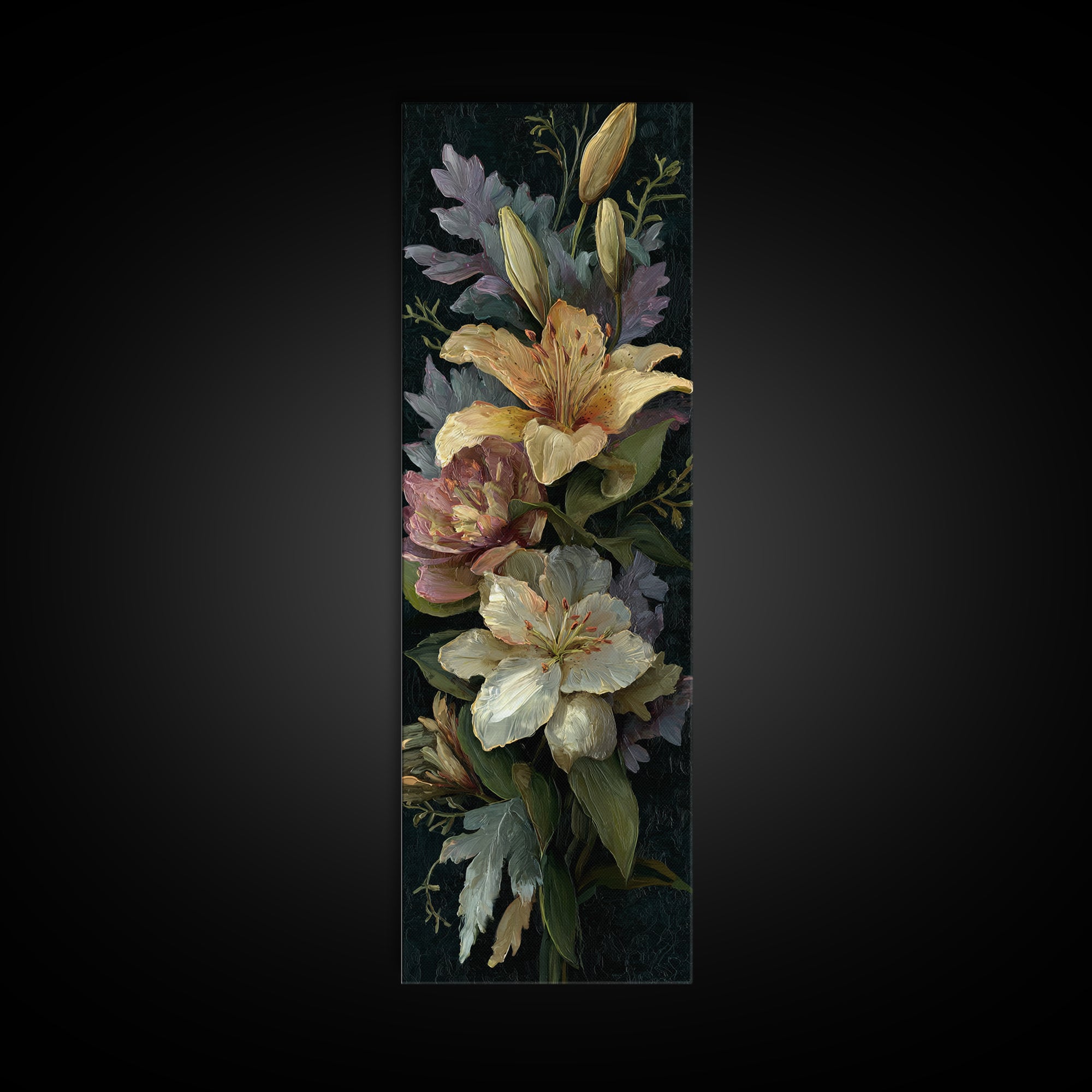 Lily Bouquet with Dramatic Dark Background Framed Canvas Print, Floral Art, Floral Art Prints, Living Room Decor, Oil Painting, FLO-1x3-80