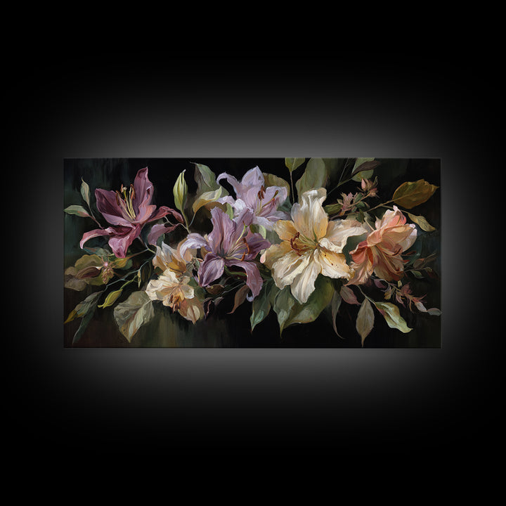Lily Bouquet with Dramatic Dark Background Canvas Print, Floral Art, Printable, Living Room Decor, Oil Painting, Bloom, FLO-2x1-64