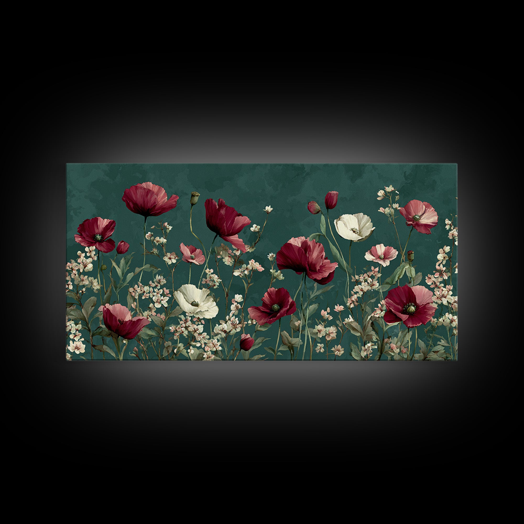Poppy Field with Red Petals and Green Canvas Print, Floral Art, Art Nouveau Decor, Living Room Decor, Fine Art, Bloom, FLO-2x1-76