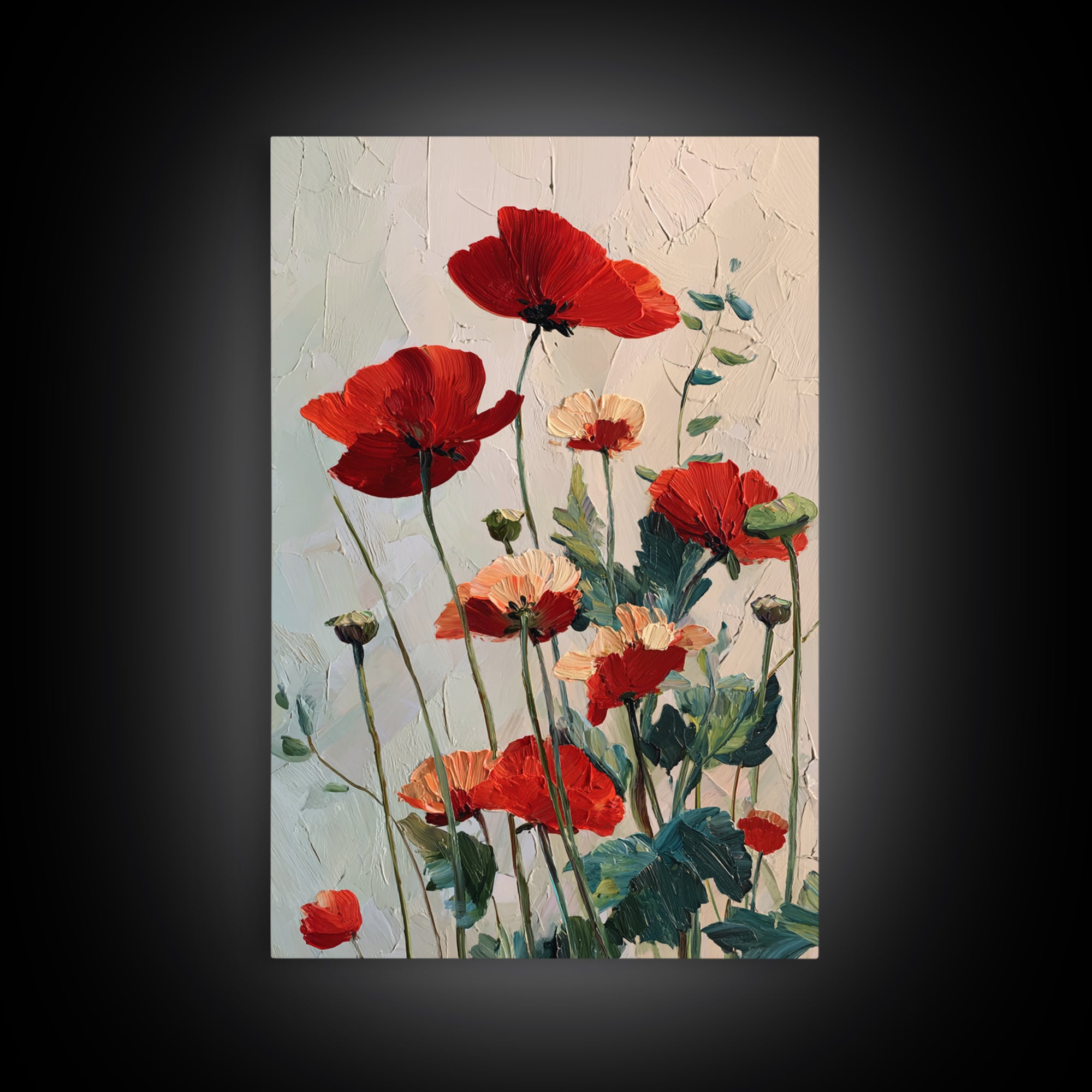 Poppy Field with Red Petals and Green Framed Canvas Print, Floral Art, Art Nouveau Decor, Living Room Decor, Fine Art, Bloom, FLO-2x3-88