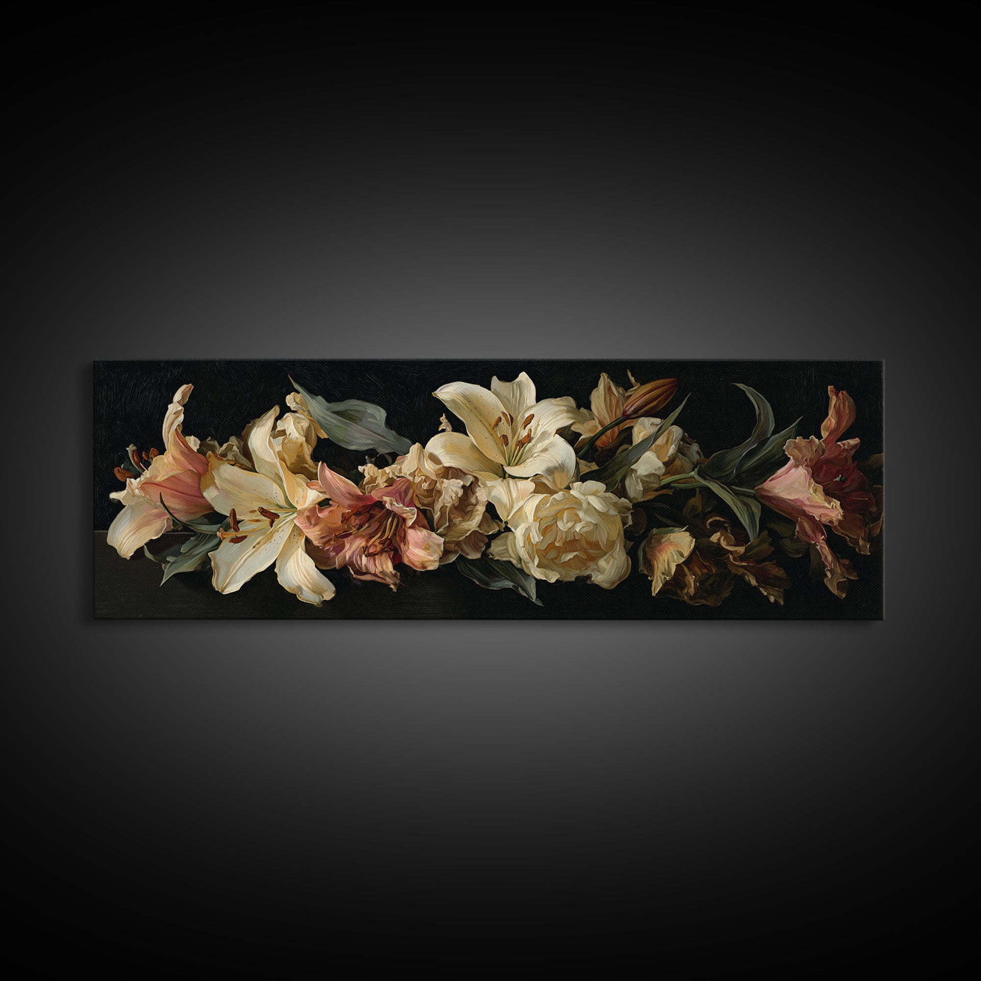 Lily Bouquet with Dramatic Dark Background Framed Canvas Print, Floral Art, Art Nouveau Locket, Living Room Decor, Bloom, FLO-3x1-12