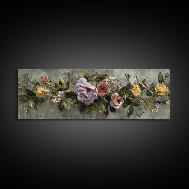 Floral Wreath of Garden Roses and Herbs Canvas Print, Floral Art, Floral Art Prints, Living Room Decor, Oil Painting, Bloom, FLO-3x1-33