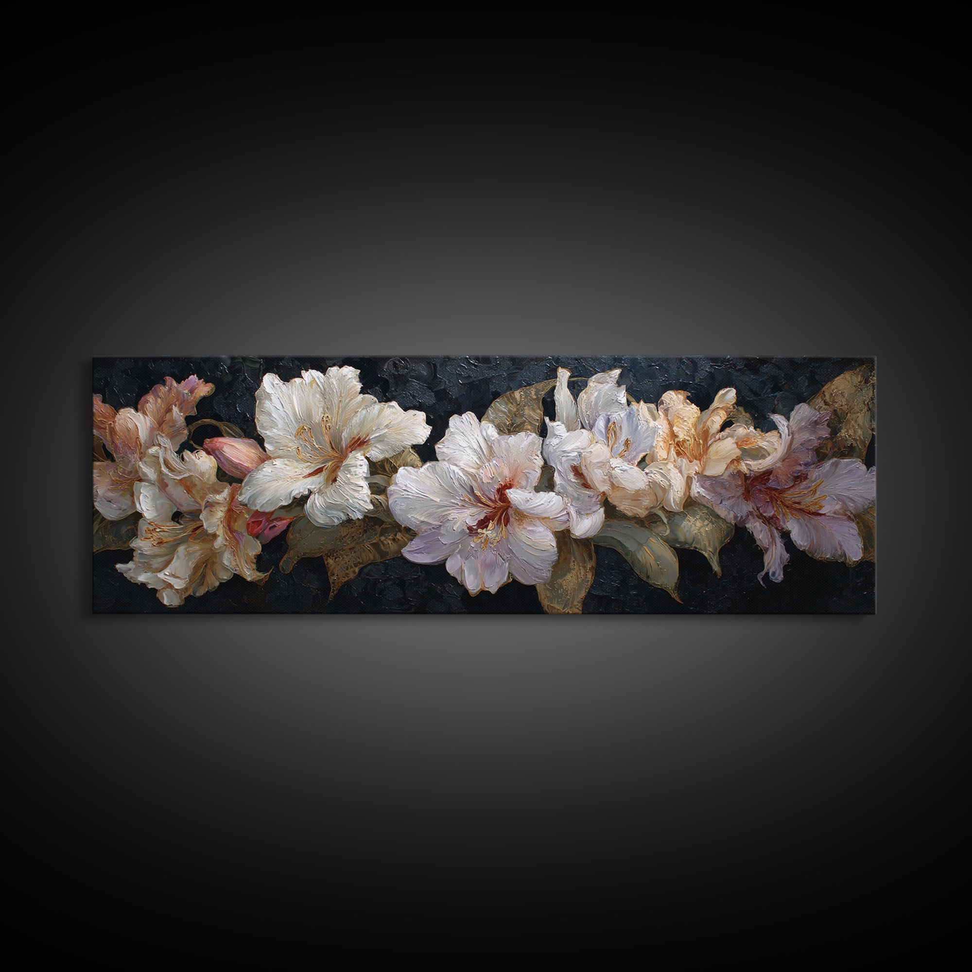Lily Bouquet with Dramatic Dark Background Canvas Print, Floral Art, Gallery Decor, Living Room Decor, Fine Art, Bloom, FLO-3x1-36