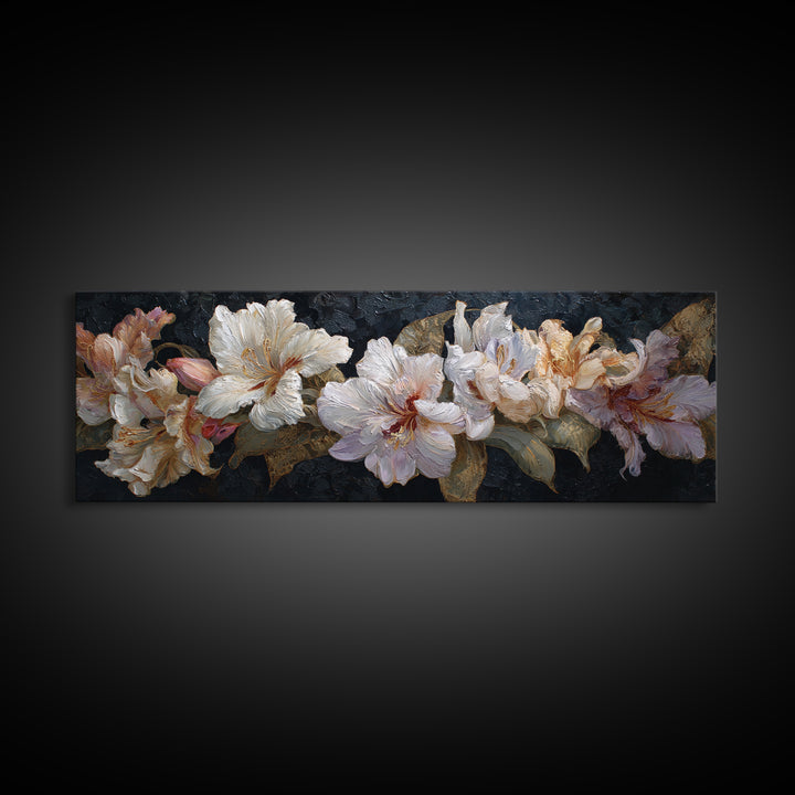 Lily Bouquet with Dramatic Dark Background Canvas Print, Floral Art, Gallery Decor, Living Room Decor, Fine Art, Bloom, FLO-3x1-36