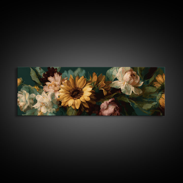Sunflower Bouquet in Bold Golden Tones Canvas Print, Floral Art, Art Nouveau Locket, Living Room Decor, Fine Art, Bloom, FLO-3x1-45