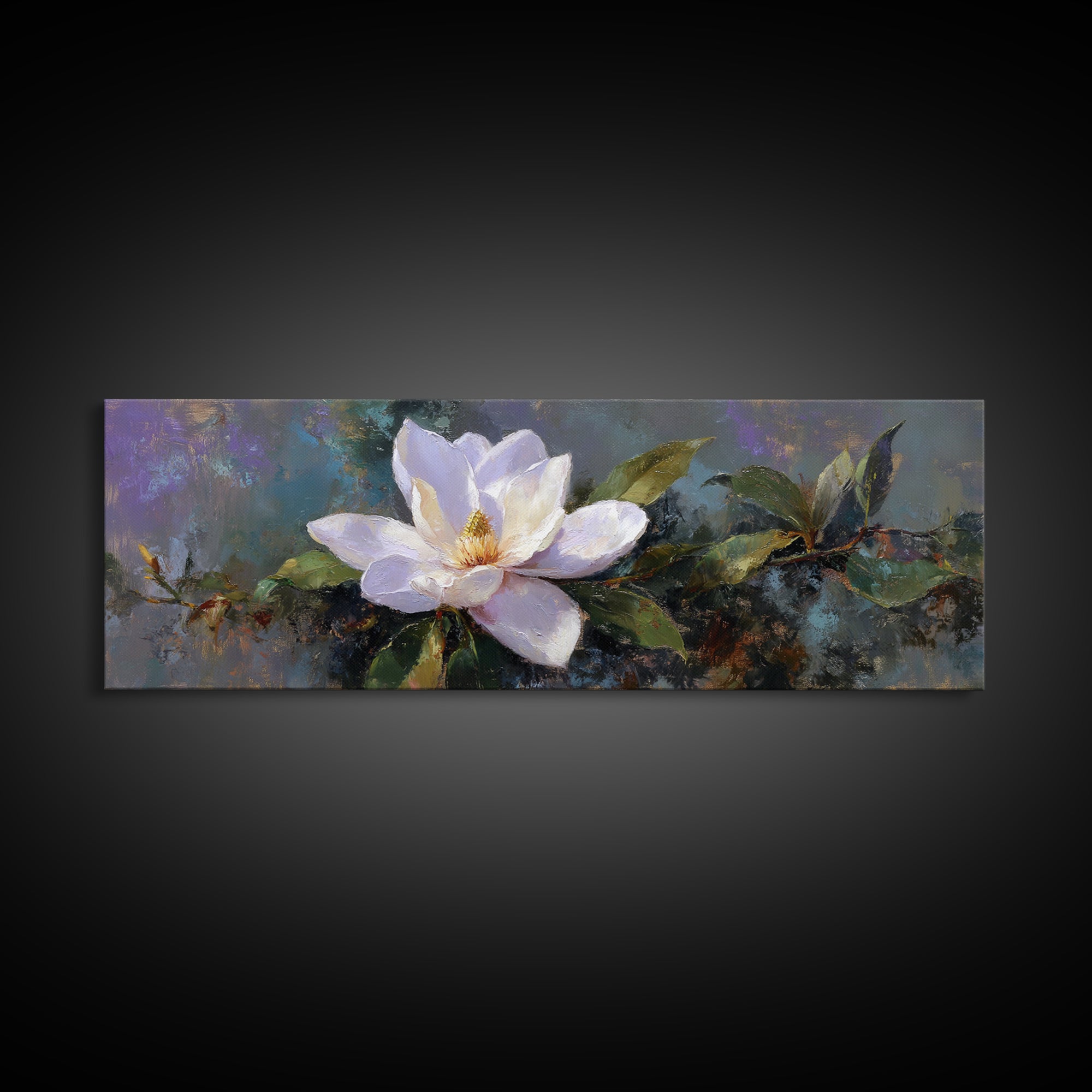 Single White Magnolia on Charcoal Ground Framed Canvas Print, Floral Art, Home Decor, Living Room Decor, Fine Art, Bloom, FLO-3x1-68