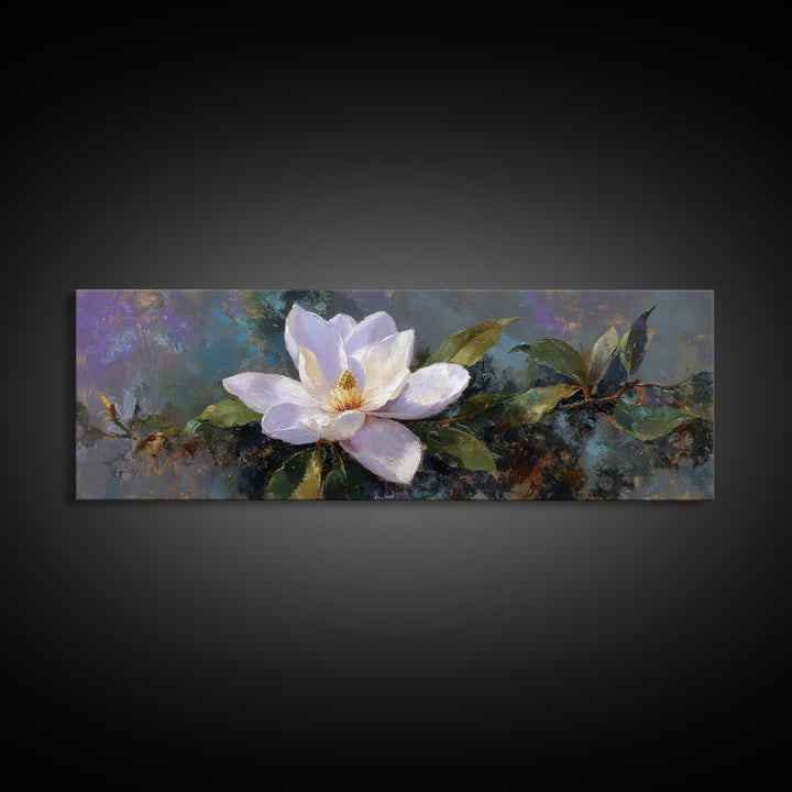 Single White Magnolia on Charcoal Ground Framed Canvas Print, Floral Art, Home Decor, Living Room Decor, Fine Art, Bloom, FLO-3x1-68