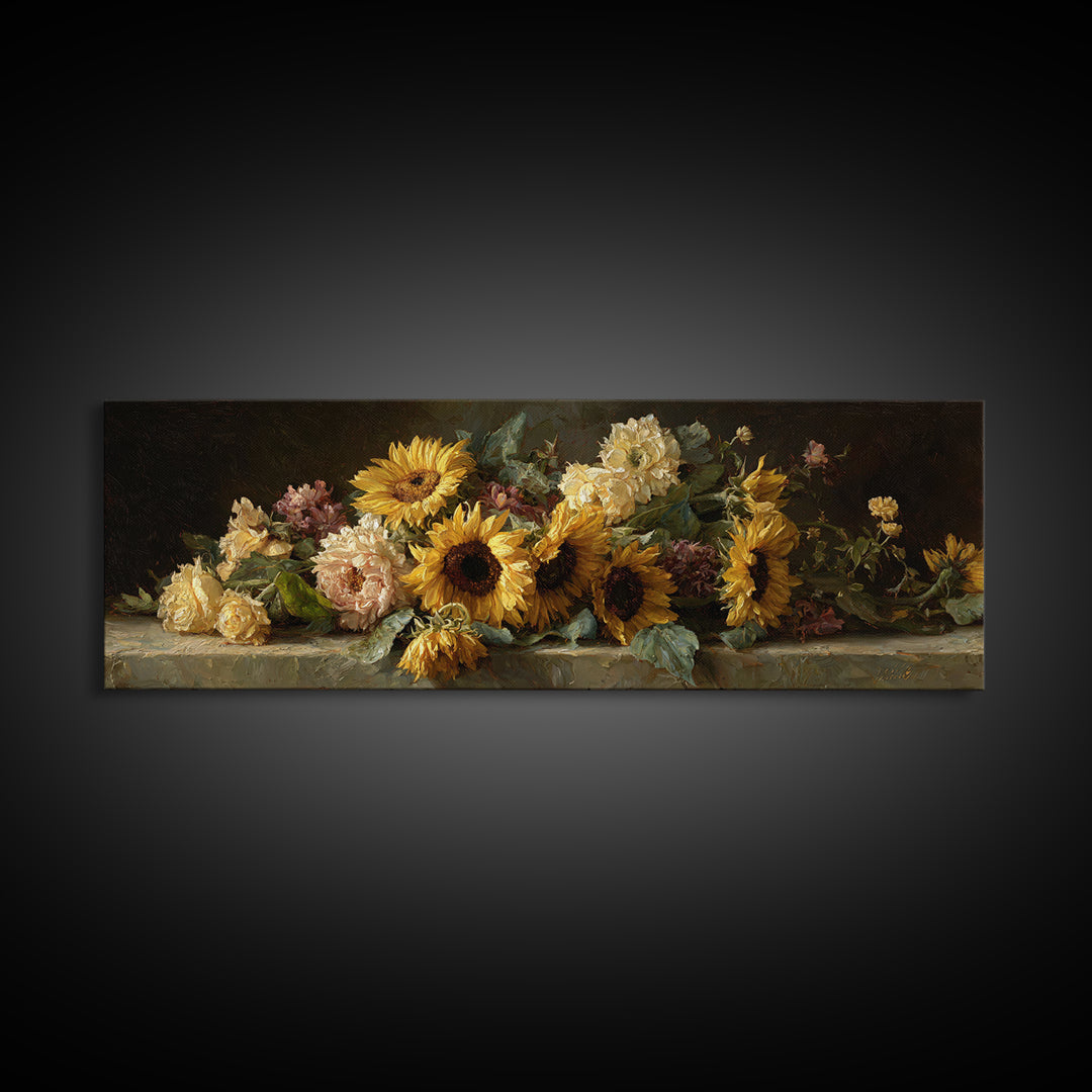 Sunflower Bouquet in Bold Golden Tones Framed Canvas Print, Floral Art, Gallery Decor, Living Room Decor, Fine Art, Bloom, FLO-3x1-69