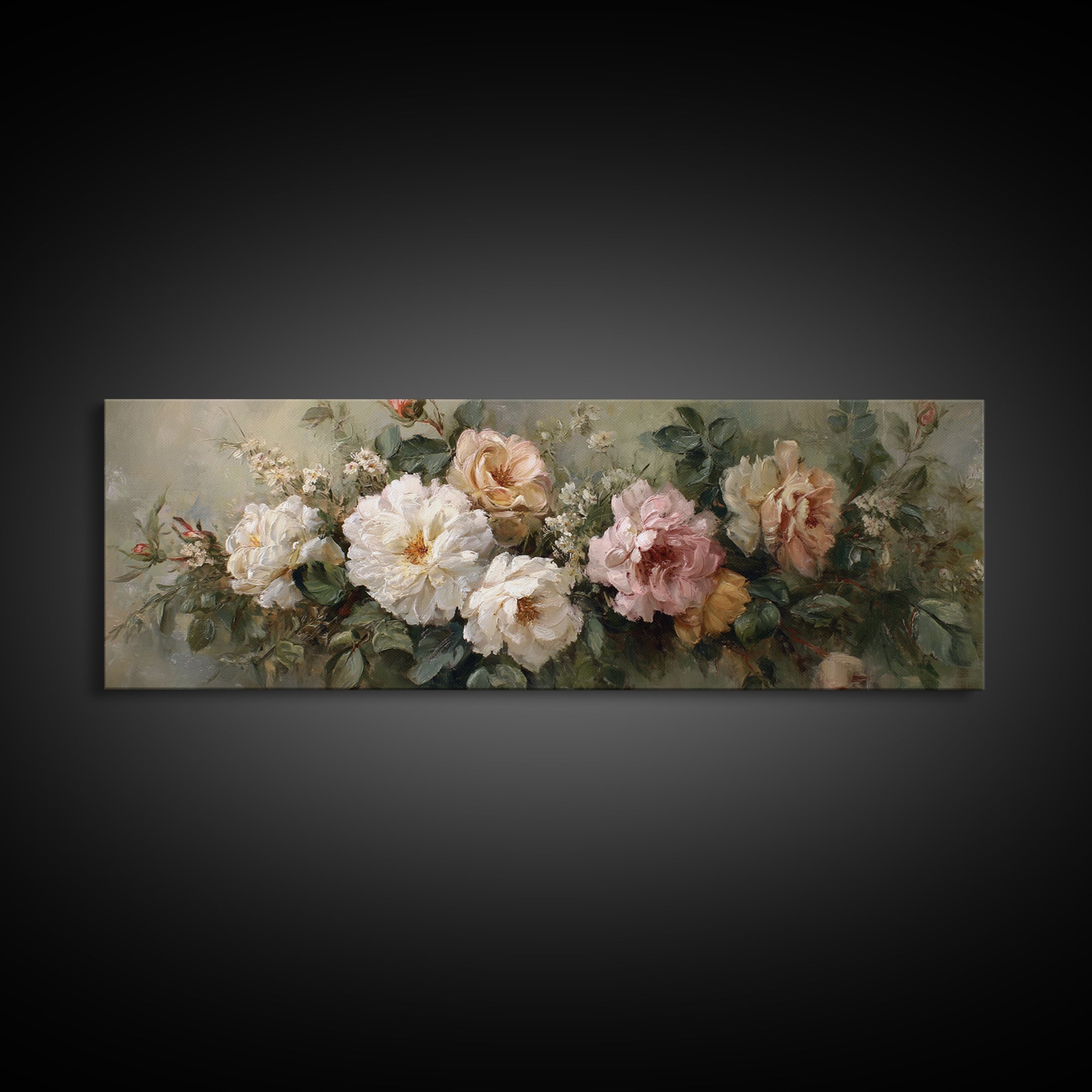 Floral Wreath of Garden Roses and Herbs Framed Canvas Print, Floral Art, Art Nouveau Decor, Living Room Decor, Fine Art, Bloom, FLO-3x1-9
