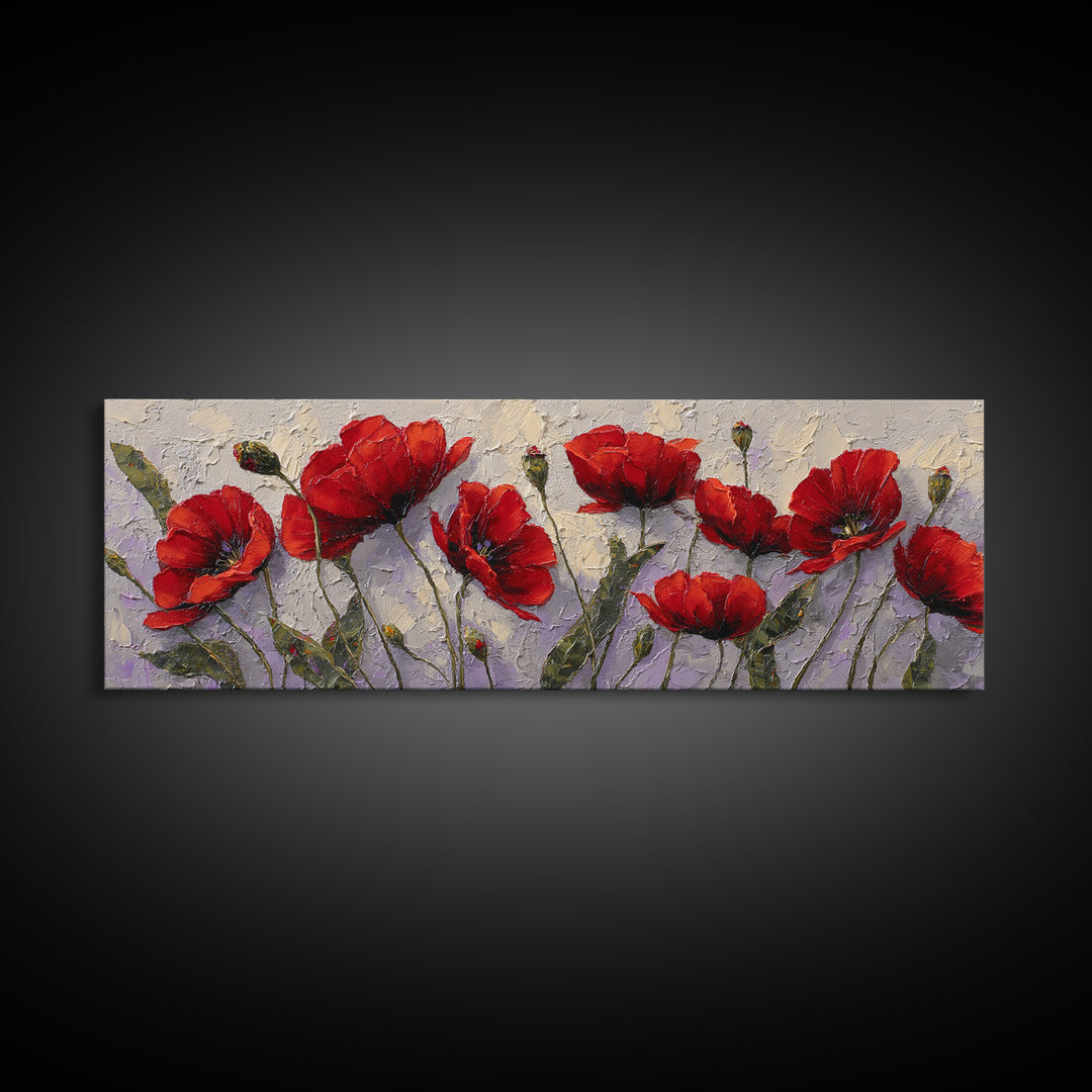 Poppy Field with Red Petals and Green Canvas Print, Floral Art, Textured Painting, Living Room Decor, Fine Art, Bloom, FLO-3x1-96