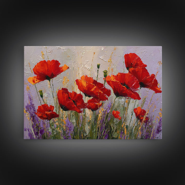 Poppy Field with Red Petals and Green Canvas Print, Floral Art, Floral Art Prints, Living Room Decor, Oil Painting, Bloom, FLO-3x2-12