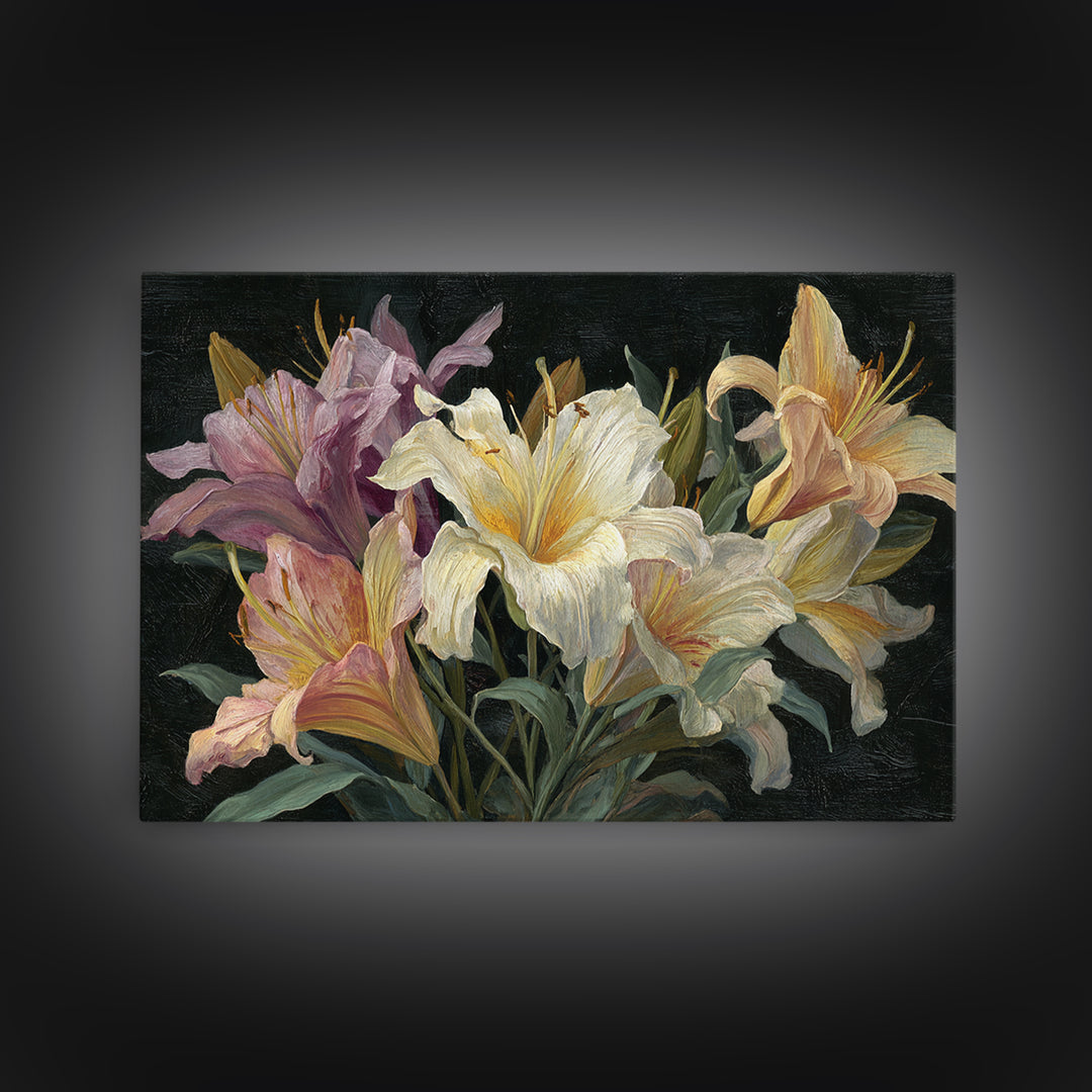 Lily Bouquet with Dramatic Dark Background Framed Canvas Print, Floral Art, Art Nouveau Locket, Living Room Decor, Bloom, FLO-3x2-24