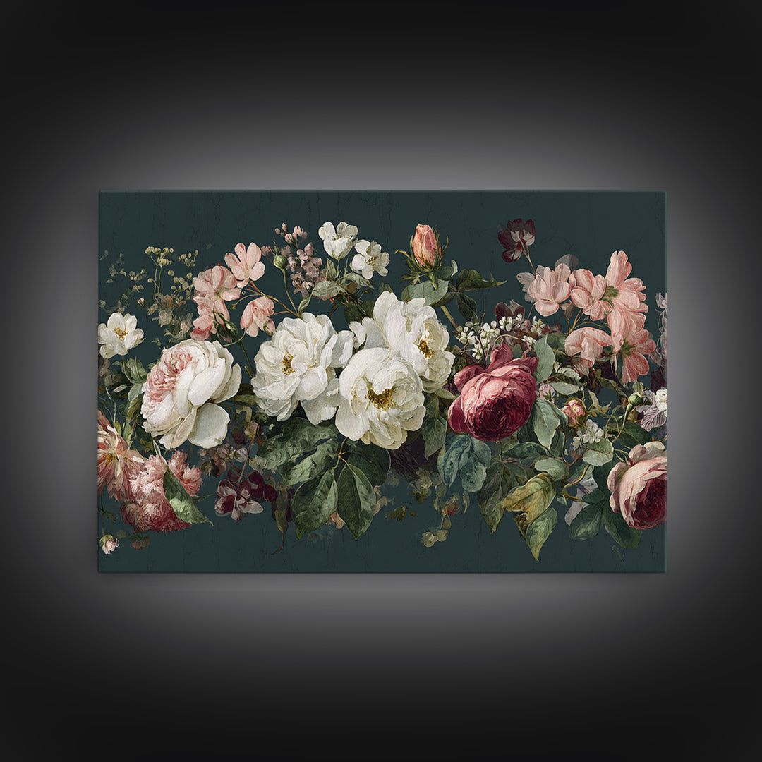 Floral Wreath of Garden Roses and Herbs Framed Canvas Print, Floral Art, Gallery Decor, Living Room Decor, Fine Art, Bloom, FLO-3x2-45