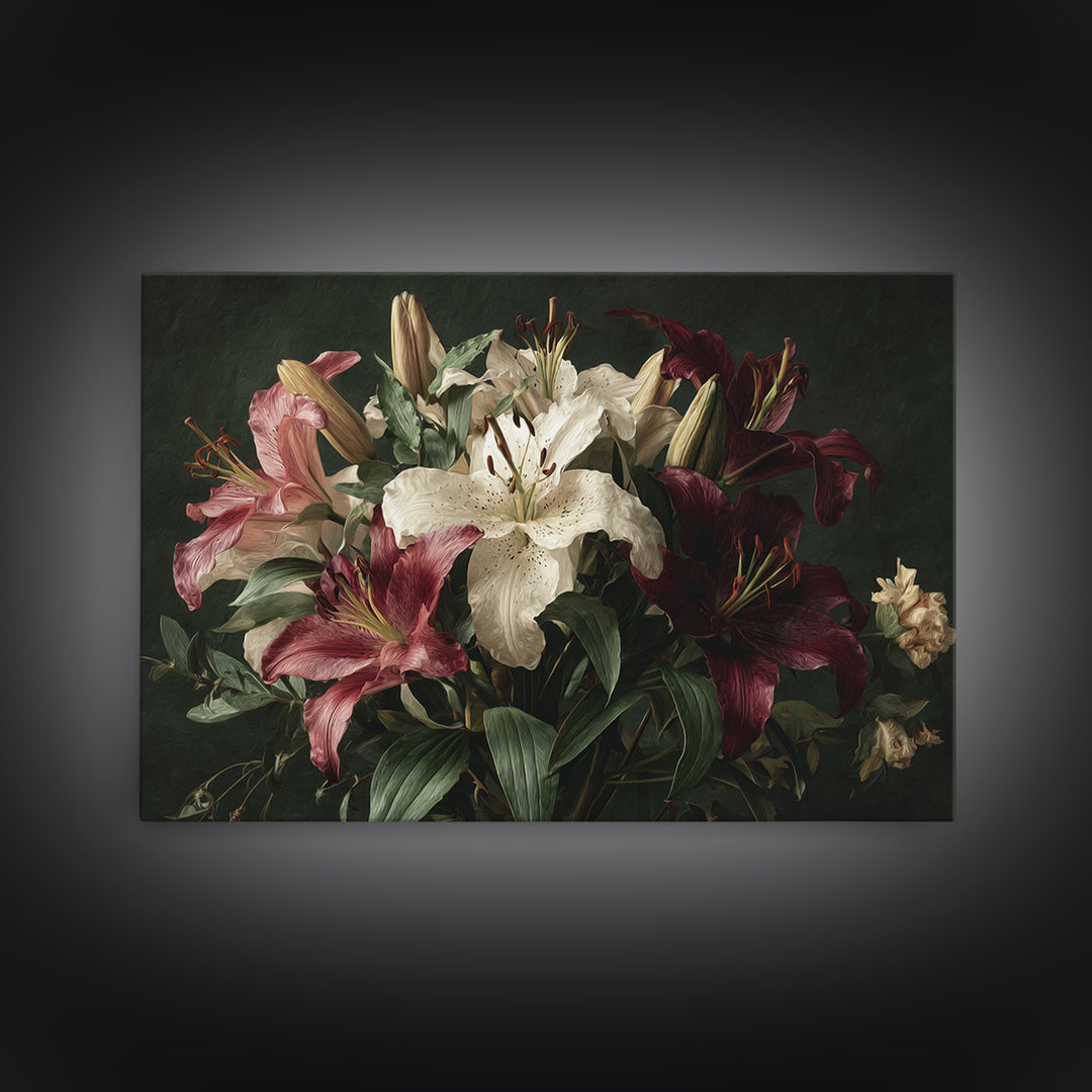 Lily Bouquet with Dramatic Dark Background Canvas Print, Floral Art, Gallery Decor, Living Room Decor, Fine Art, Bloom, FLO-3x2-48
