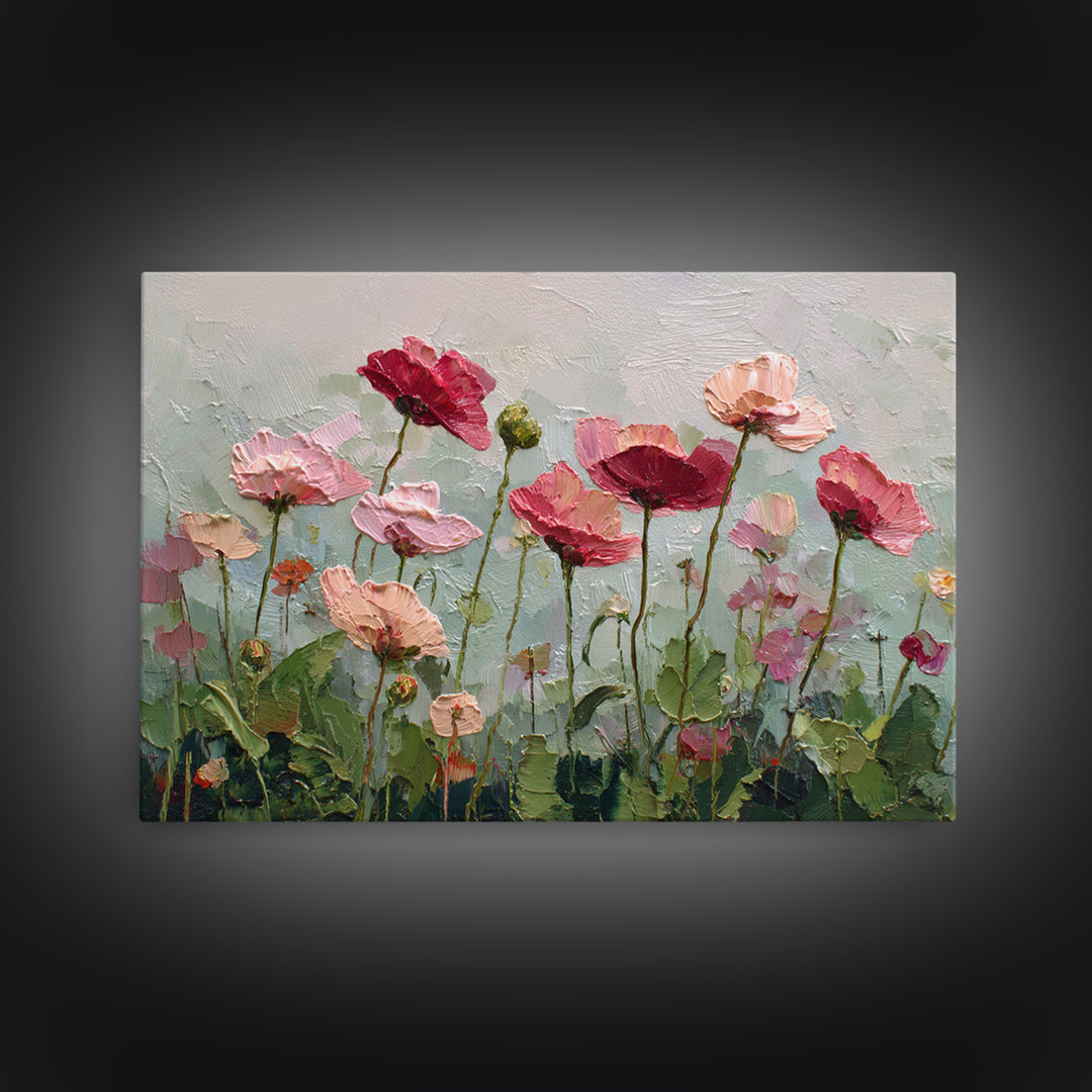 Poppy Field with Red Petals and Green Framed Canvas Print, Floral Art, Textured Painting, Living Room Decor, Fine Art, Bloom, FLO-3x2-60