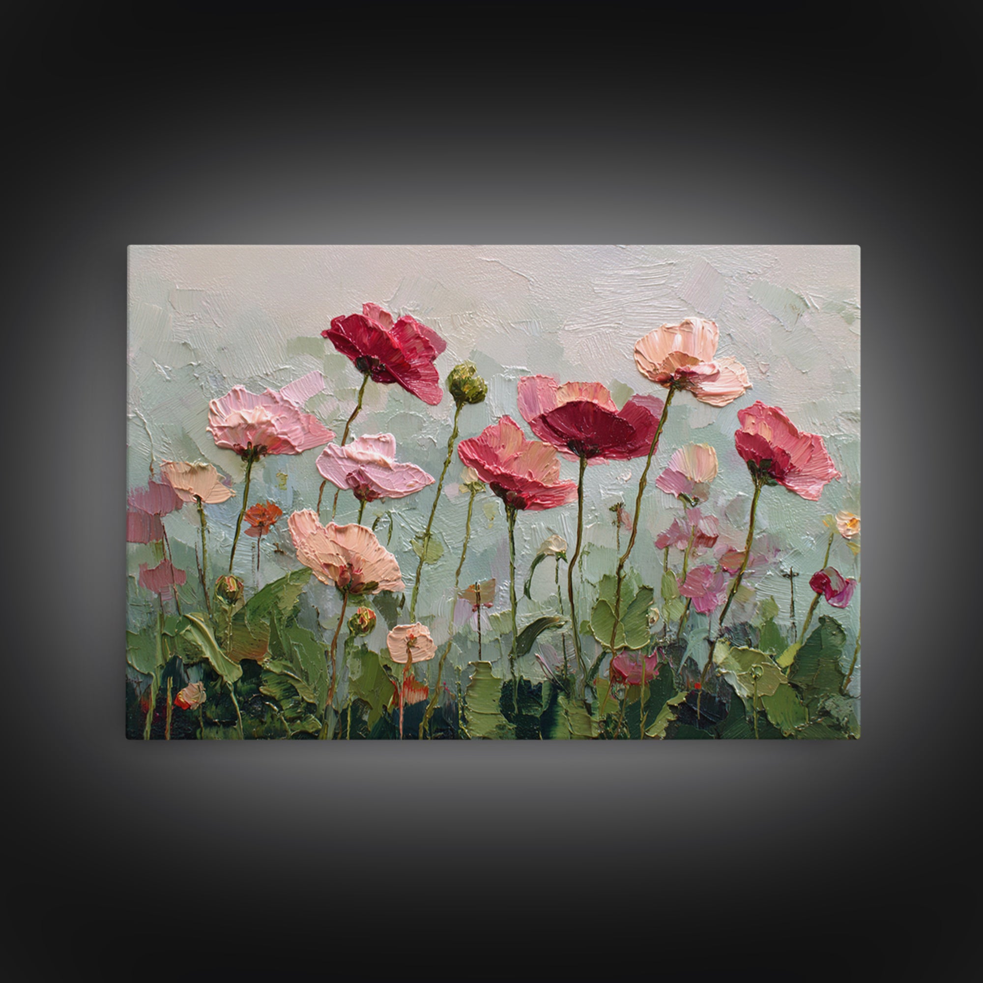 Poppy Field with Red Petals and Green Framed Canvas Print, Floral Art, Textured Painting, Living Room Decor, Fine Art, Bloom, FLO-3x2-60
