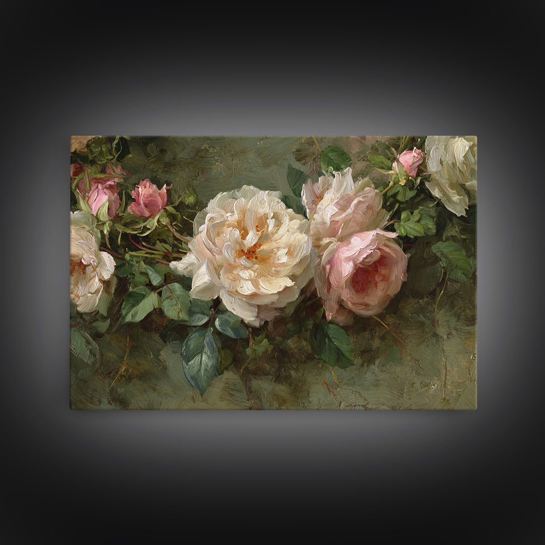 Floral Wreath of Garden Roses and Herbs Framed Canvas Print, Floral Art, Gallery Decor, Living Room Decor, Fine Art, Bloom, FLO-3x2-69