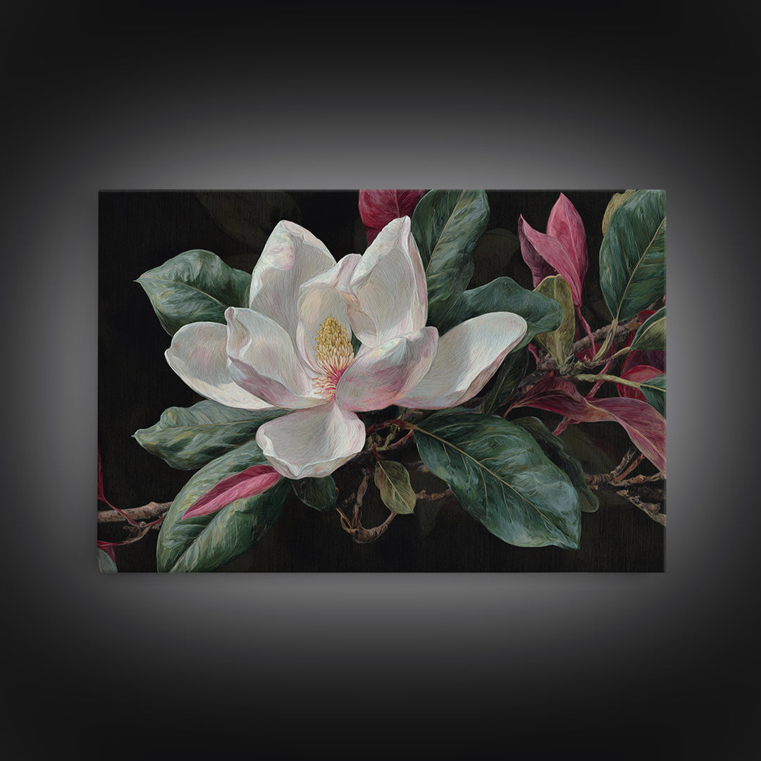 Single White Magnolia on Charcoal Ground Framed Canvas Print, Floral Art, Home Decor, Living Room Decor, Fine Art, Bloom, FLO-3x2-80