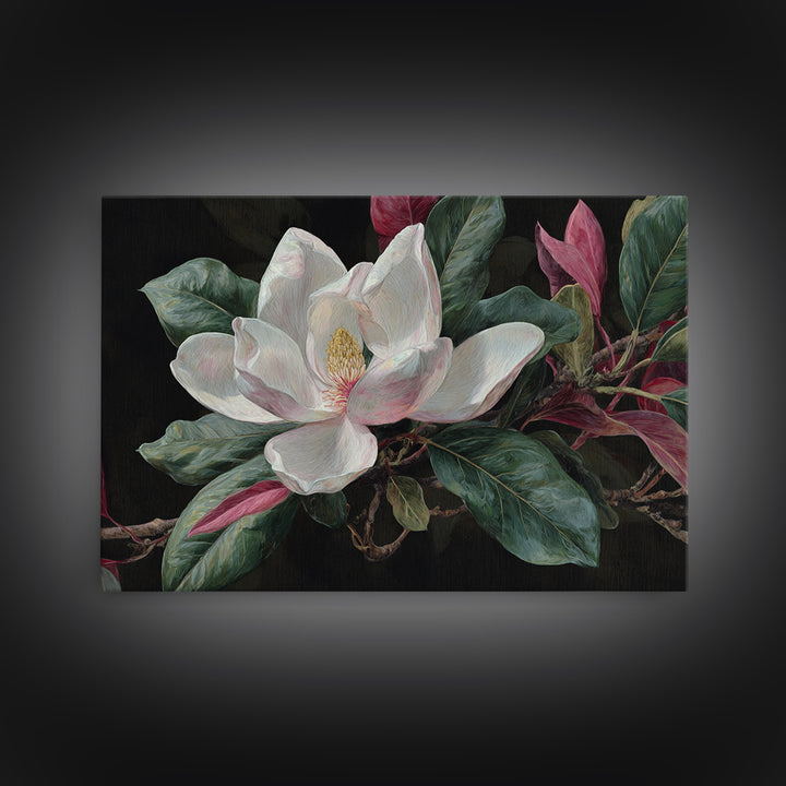Single White Magnolia on Charcoal Ground Framed Canvas Print, Floral Art, Home Decor, Living Room Decor, Fine Art, Bloom, FLO-3x2-80