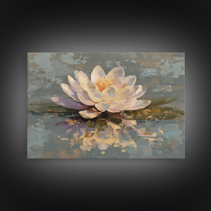 Lotus Blossom Floating on Still Water Framed Canvas Print, Floral Art, Art Nouveau Locket, Living Room Decor, Fine Art, Bloom, FLO-3x2-90