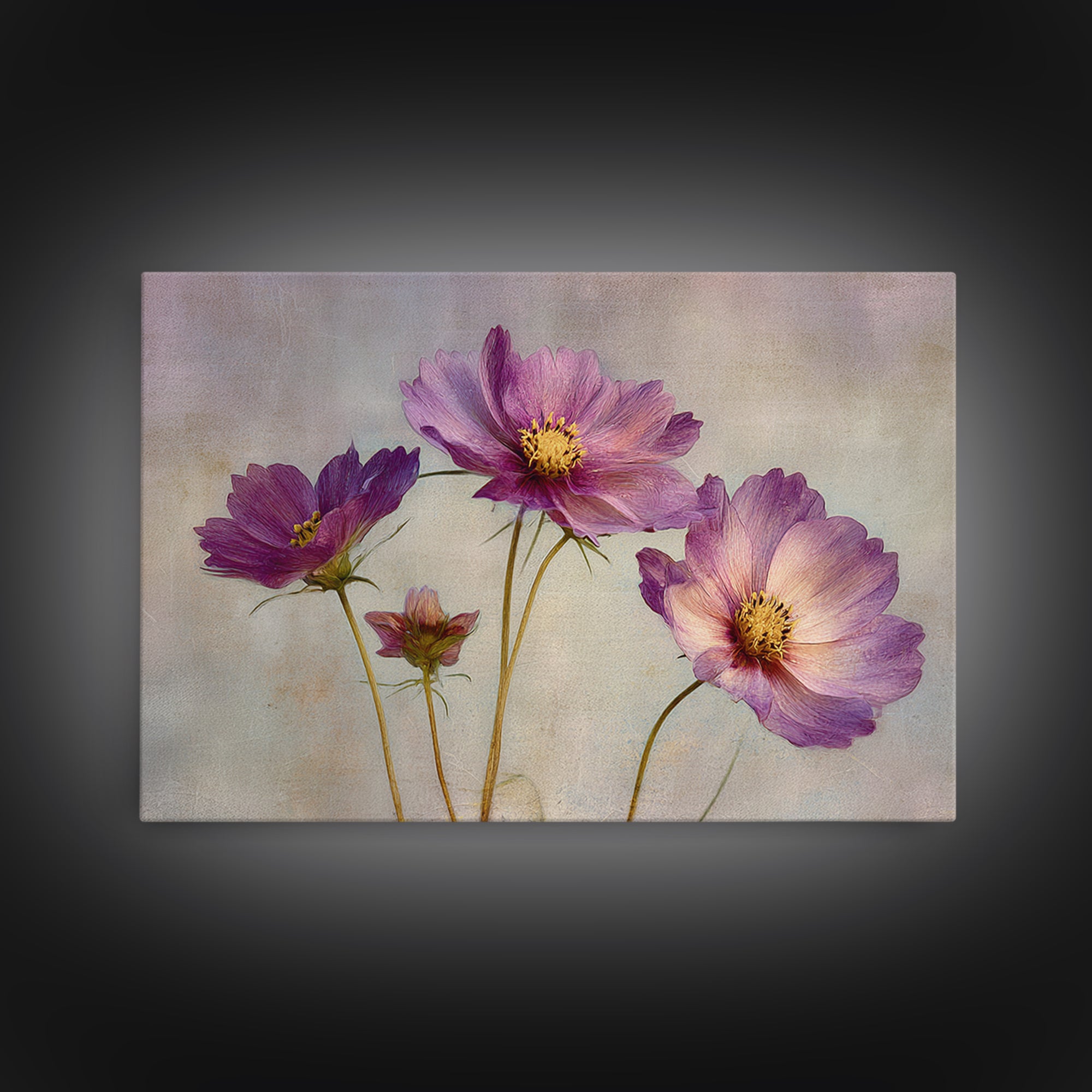 Cosmos Flowers Swaying Framed Canvas Print, Floral Art, Dark Academia Decor, Living Room Decor, Bloom, Printable Artwork, FLO-3x2-99