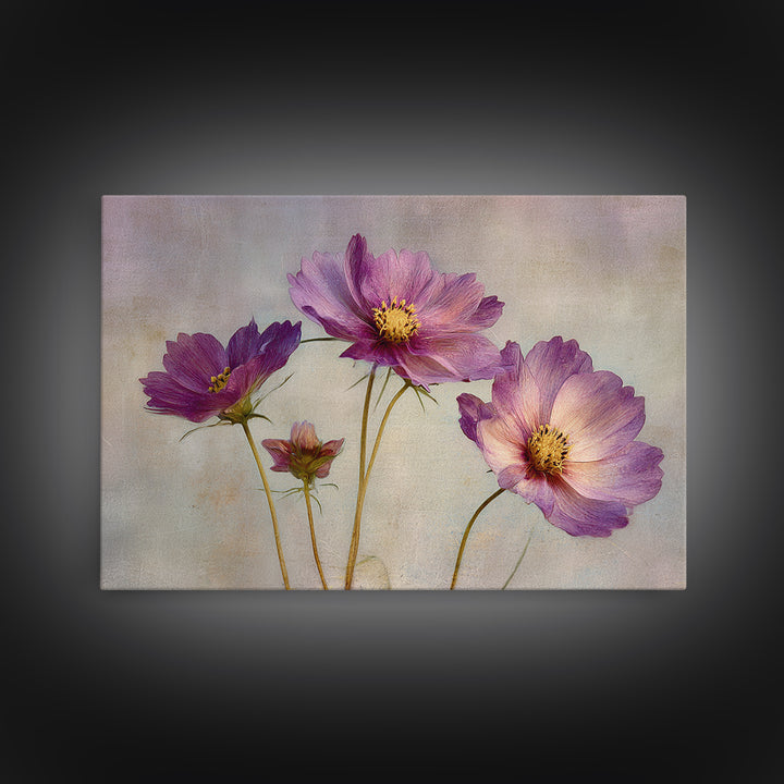 Cosmos Flowers Swaying Framed Canvas Print, Floral Art, Dark Academia Decor, Living Room Decor, Bloom, Printable Artwork, FLO-3x2-99