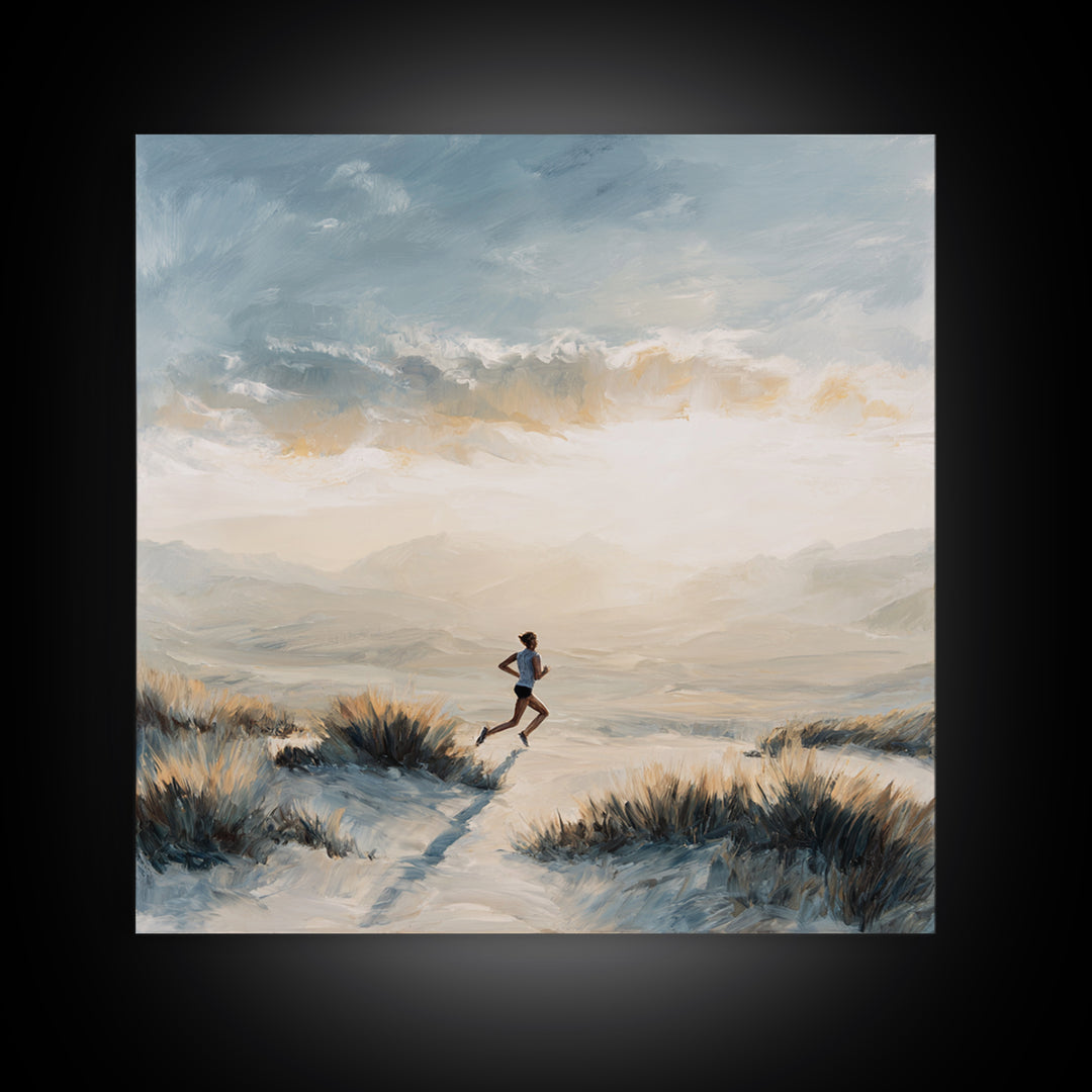 Mountain Trail Runner Framed Canvas Print, Fitness Studio Art, Motivational Canvas, Gym Decor, Watercolor Art, Motion, FSA-1x1-100