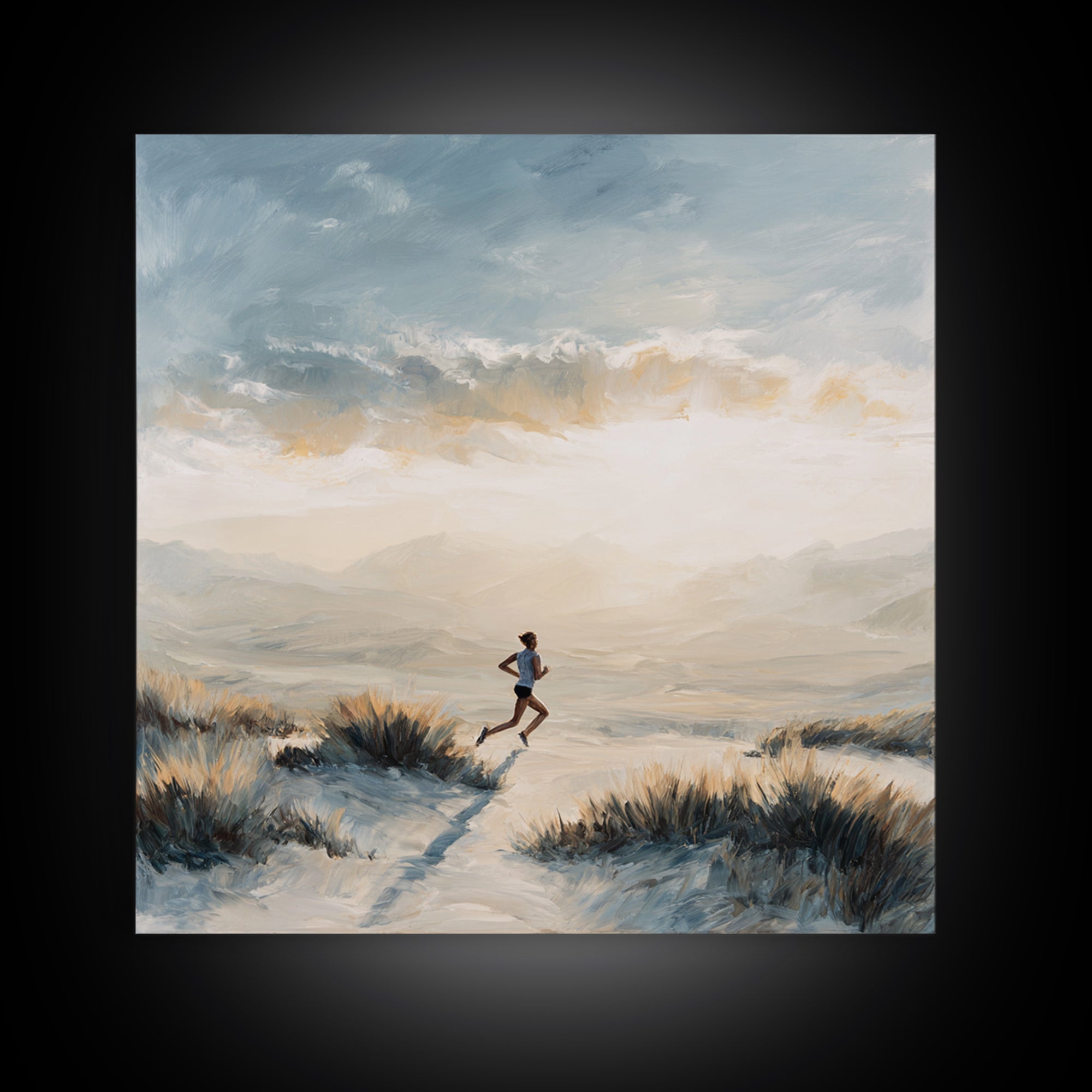 Mountain Trail Runner Framed Canvas Print, Fitness Studio Art, Motivational Canvas, Gym Decor, Watercolor Art, Motion, FSA-1x1-100
