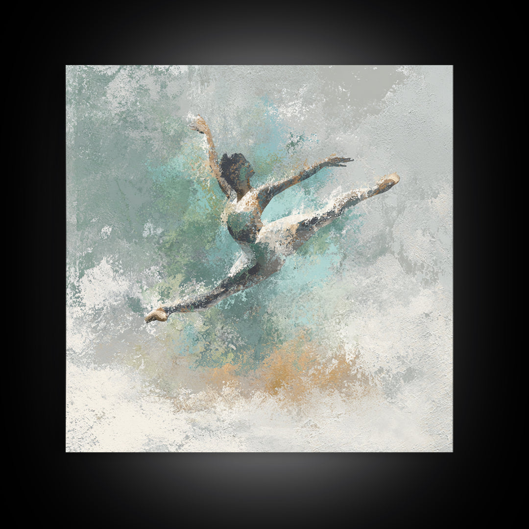 Dancer Leap with Painterly Energy Framed Canvas Print, Fitness Studio Art, Motivational Poster, Gym Decor, Fine Art, Motion, FSA-1x1-11