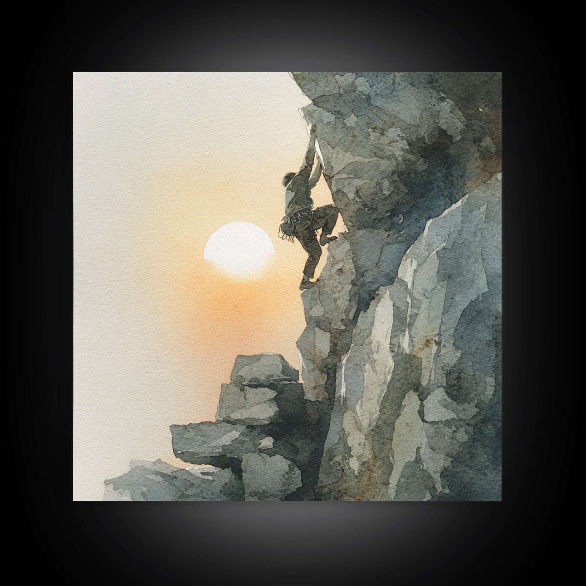 Rock Climber Reaching Toward Warm Light Framed Canvas Print, Fitness Studio Art, Dance Studio Decor, Gym Decor, Motion, FSA-1x1-63