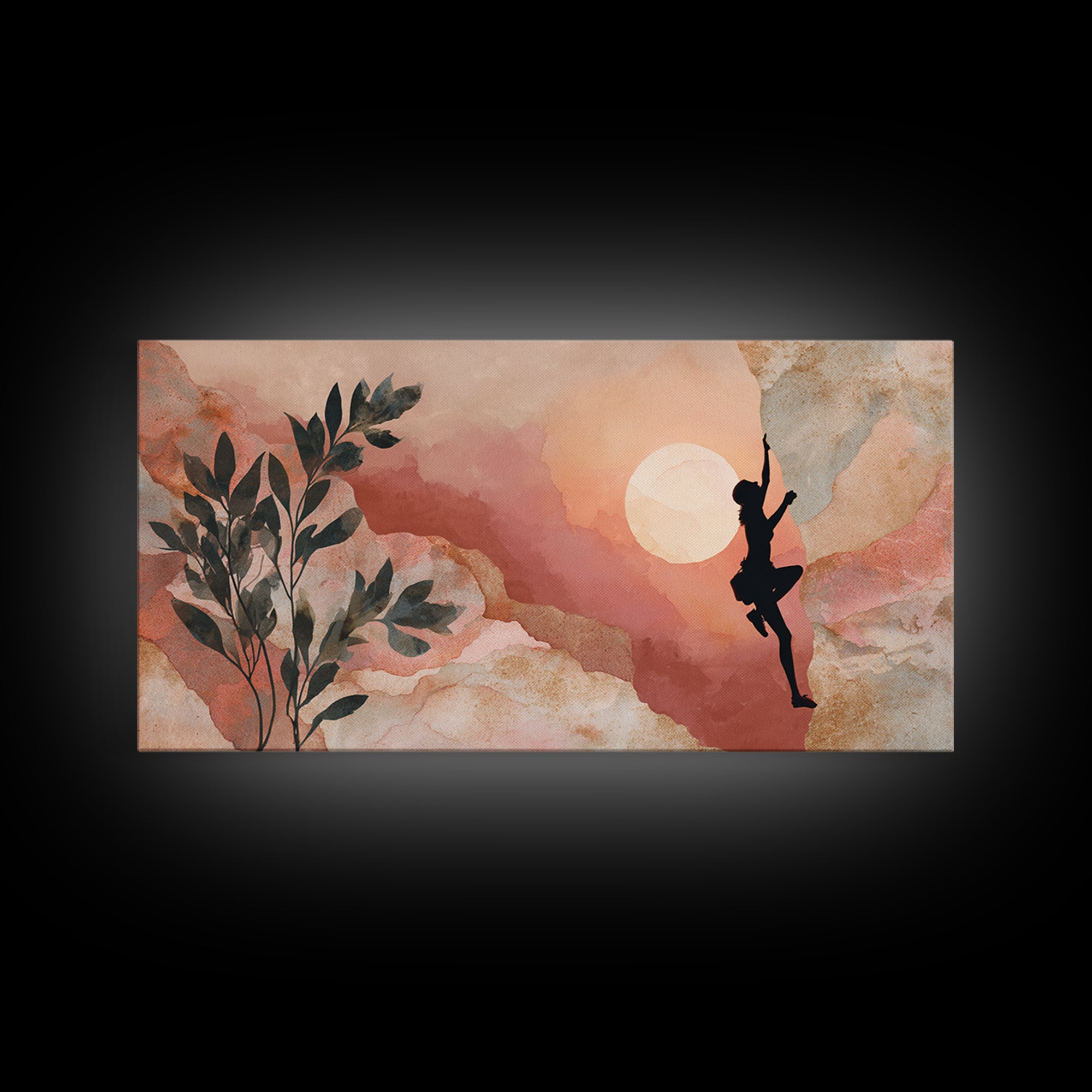 Rock Climber Reaching Toward Warm Light Framed Canvas Print, Fitness Studio Art, Boho Decor, Gym Decor, Oil Painting, Motion, FSA-2x1-35