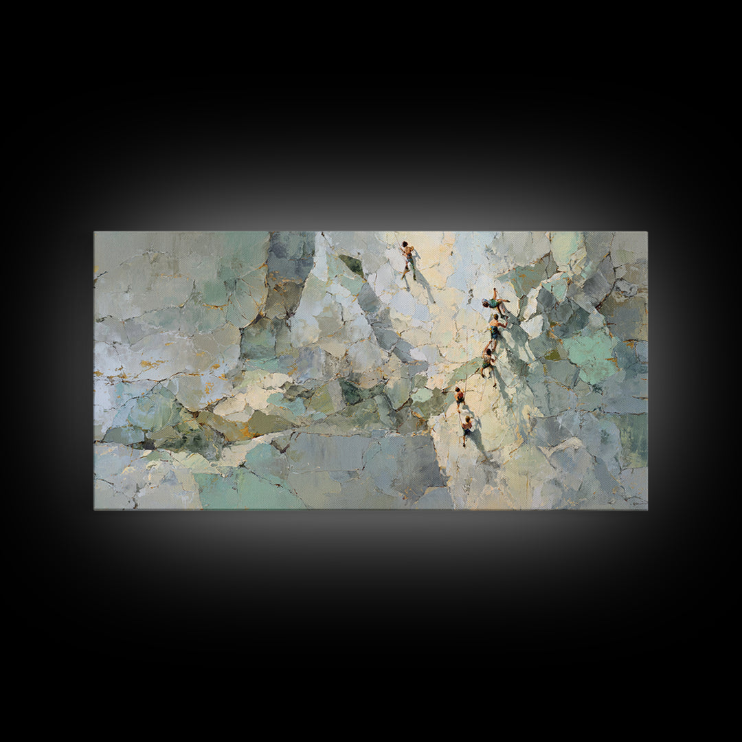 Rock Climber Reaching Toward Warm Light Framed Canvas Print, Fitness Studio Art, Boho Decor, Gym Decor, Fine Art, Motion, FSA-2x1-83