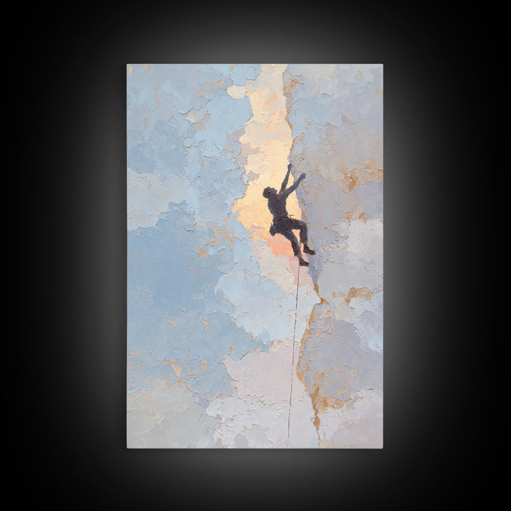 Rock Climber Reaching Toward Warm Light Framed Canvas Print, Fitness Studio Art, Physical Therapy Art, Gym Decor, Abstract Art, FSA-2x3-47