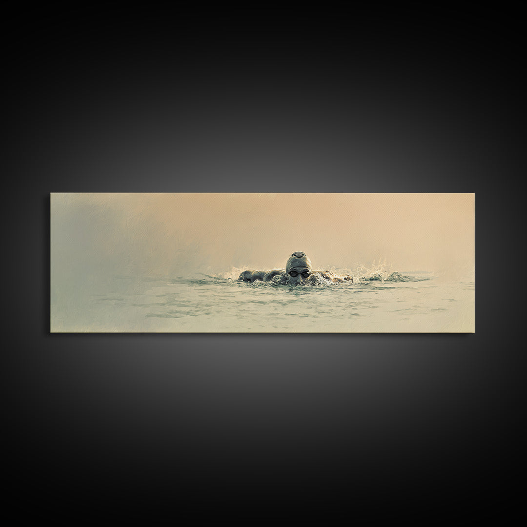 Swimmer Emerging Through Water Texture Framed Canvas Print, Fitness Studio Art, Large Wall Art, Gym Decor, Fine Art, Motion, FSA-3x1-82