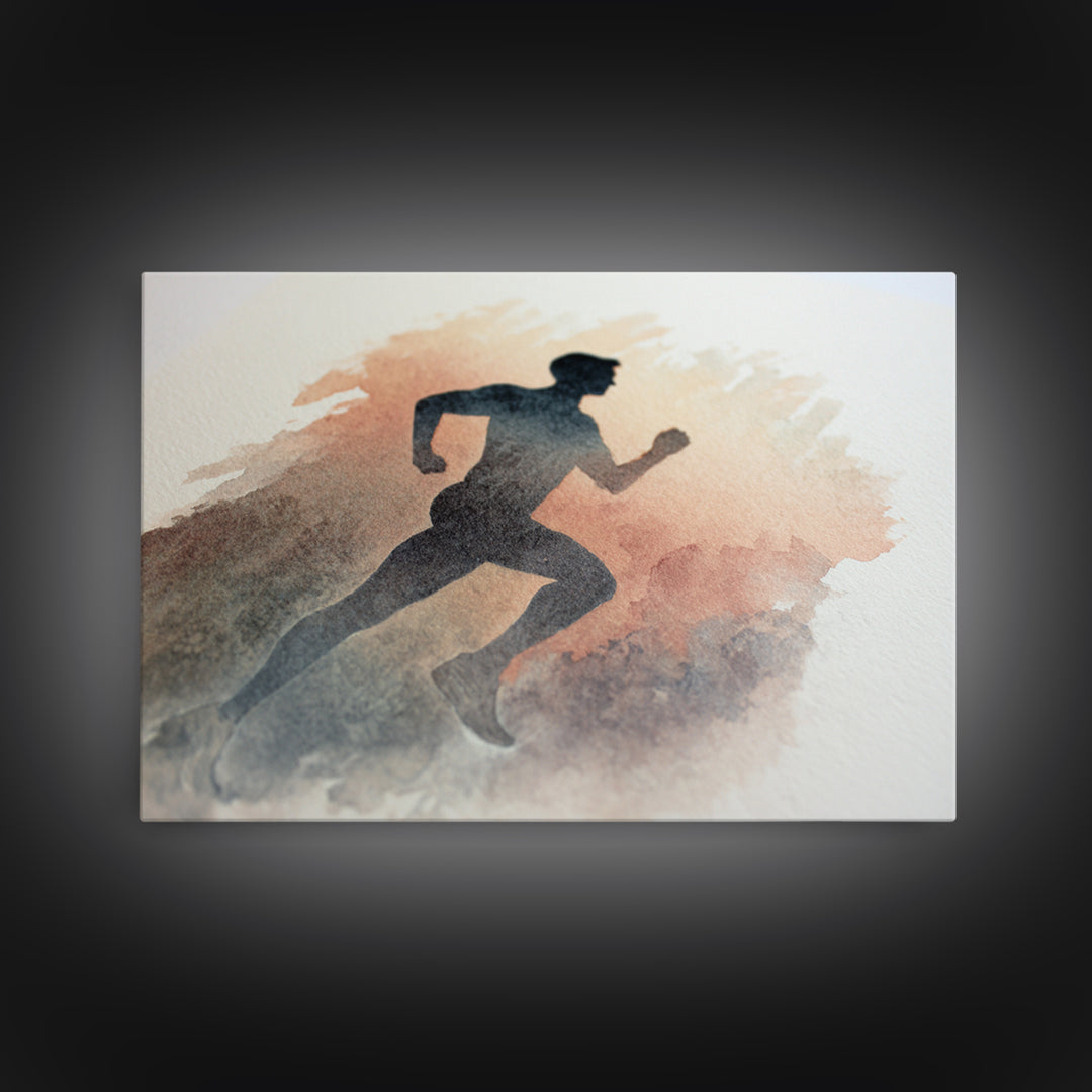 Runner Silhouette Breaking Through Morning Mist Framed Canvas Print, Fitness Studio Art, Abstract Art, Gym Decor, Motion, FSA-3x2-5