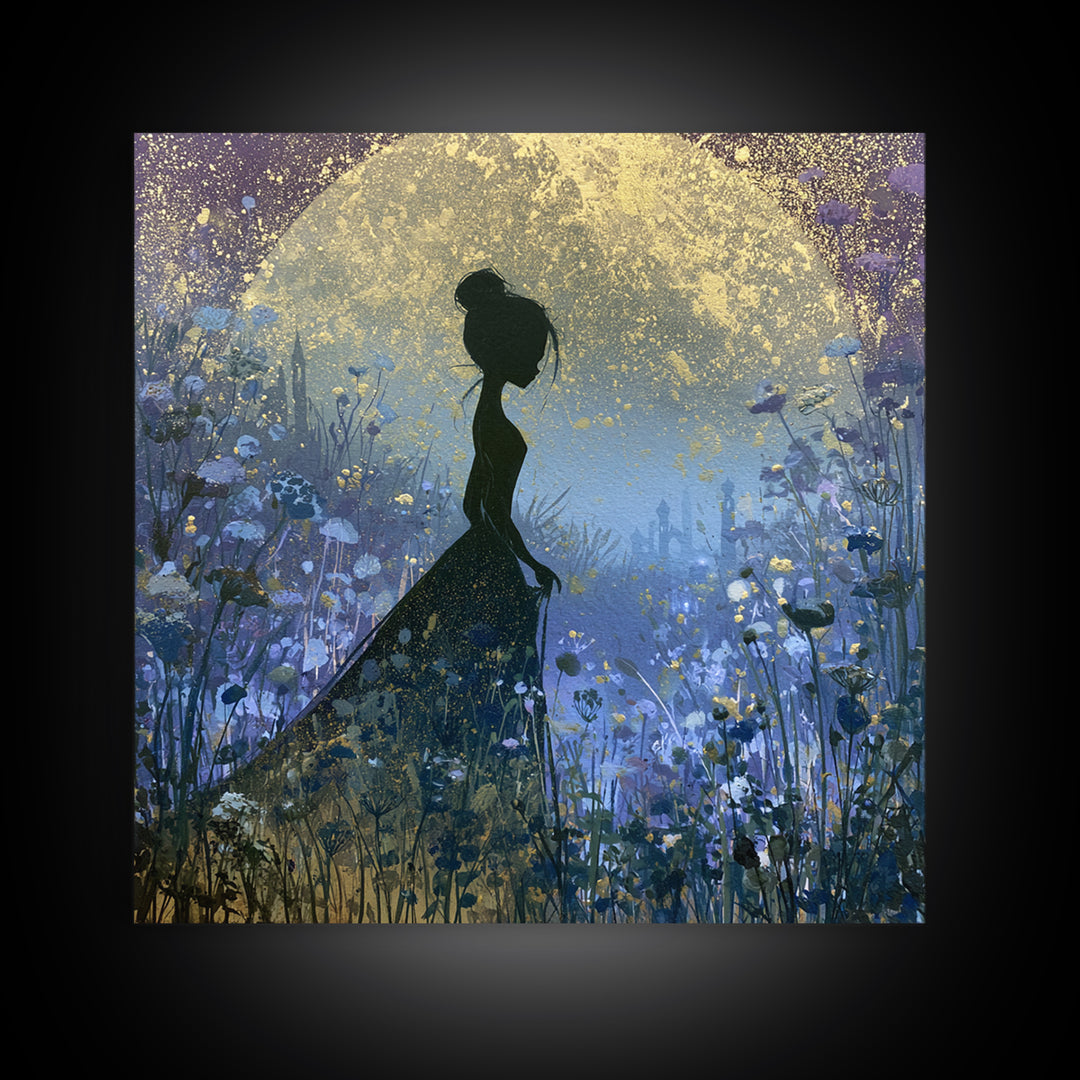 Princess Silhouette with Moonlit Garden Flowers Canvas Print, Fairy Tale Art, Art Nouveau Print, Living Room Decor, Storybook, FTA-1x1-100