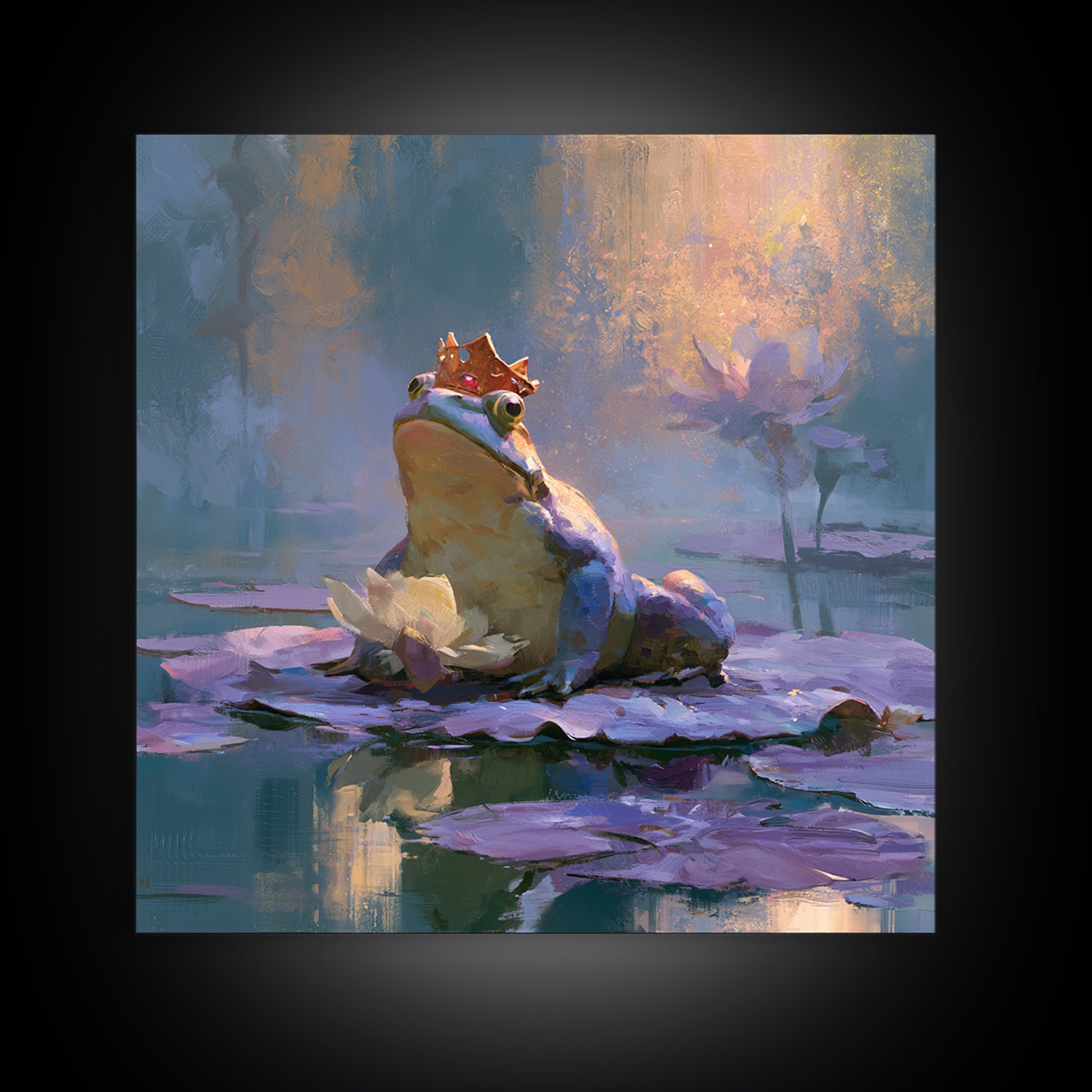Frog Prince on a Lily Pad Framed Canvas Print, Fairy Tale Art, Whimsical Decor, Living Room Decor, Fine Art, Storybook, FTA-1x1-11
