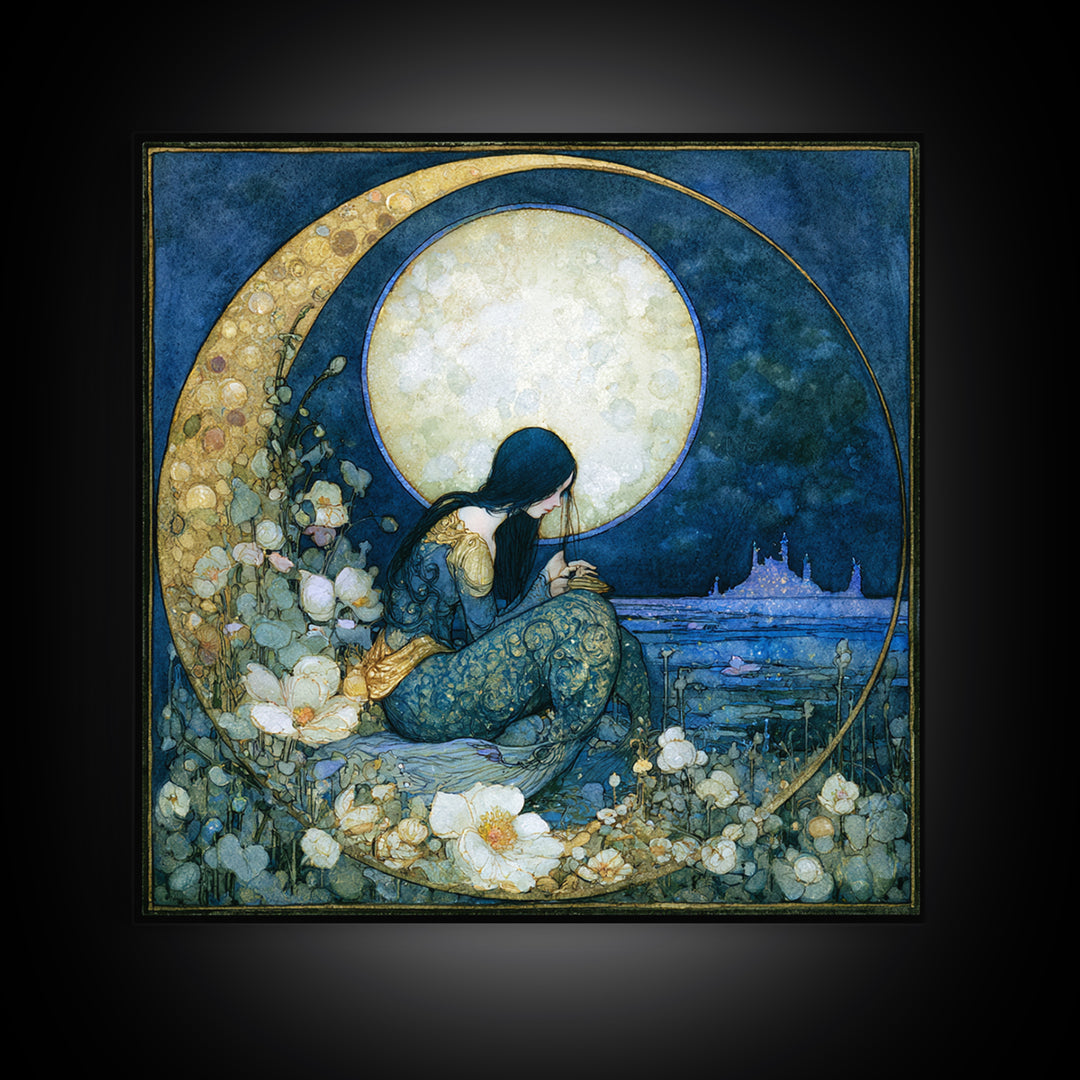 Mermaid Combing Hair Beneath a Pearl Moon Framed Canvas Print, Fairy Tale Art, Painting, Living Room Decor, Fine Art, Storybook, FTA-1x1-12