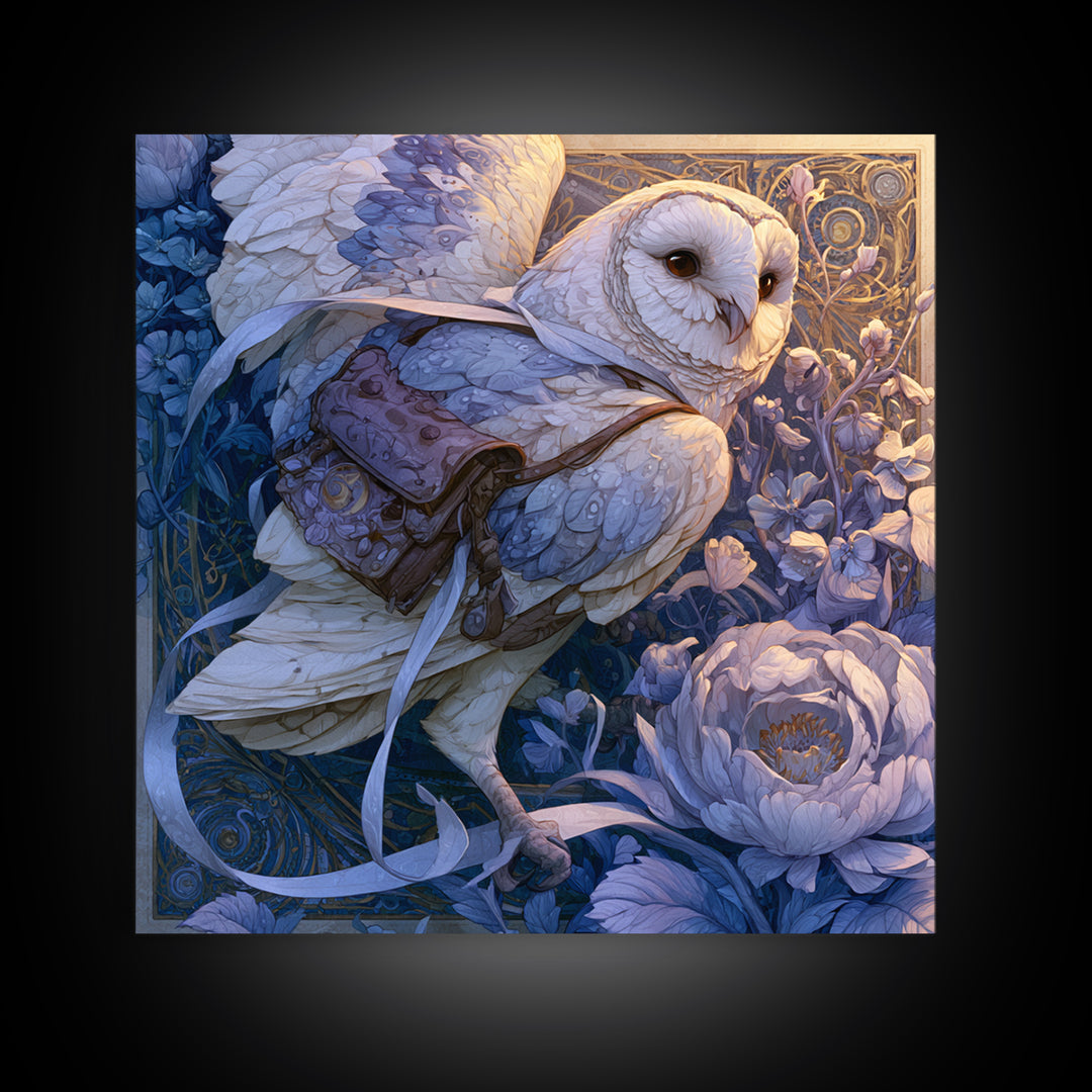 Owl Messenger Carrying a Tiny Ribbon Canvas Print, Fairy Tale Art, Gallery Decor, Living Room Decor, Fine Art, Storybook, FTA-1x1-17