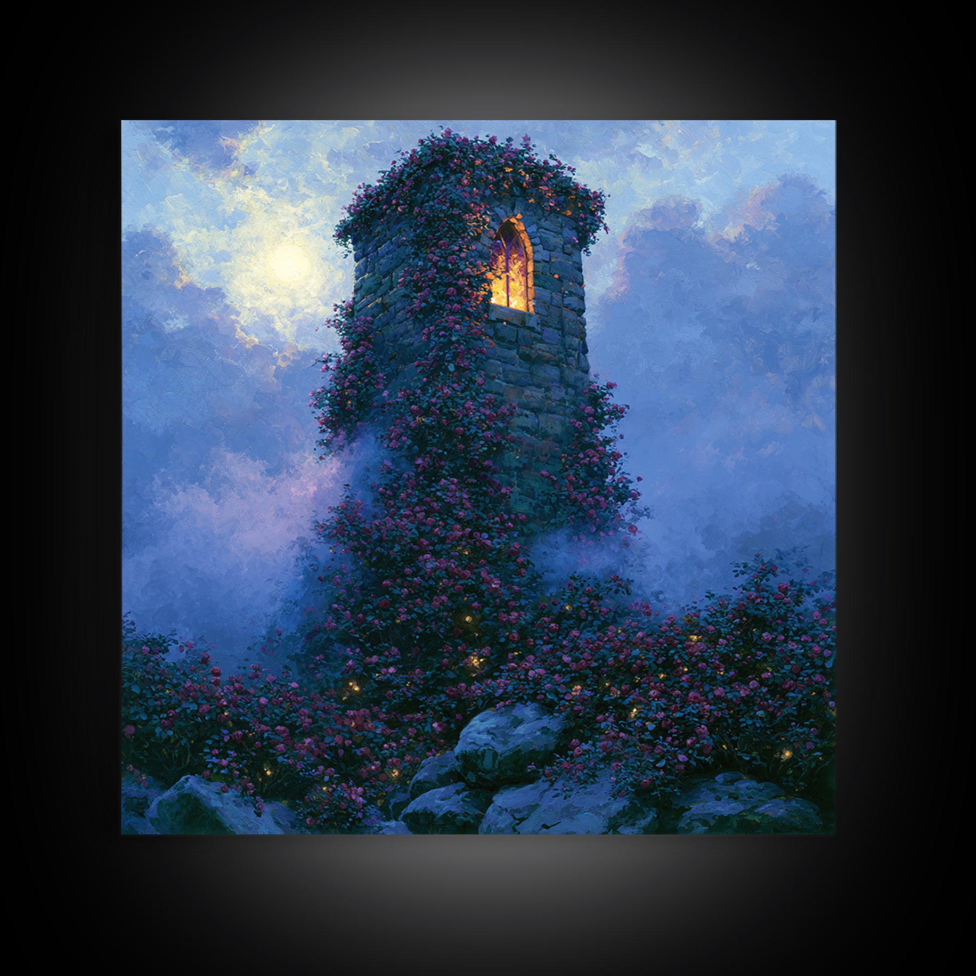 Rose Covered Tower Canvas Print, Fairy Tale Art, Folk Art, Living Room Decor, Fine Art, Storybook, Modern Decor, Fine Art Print, FTA-1x1-18