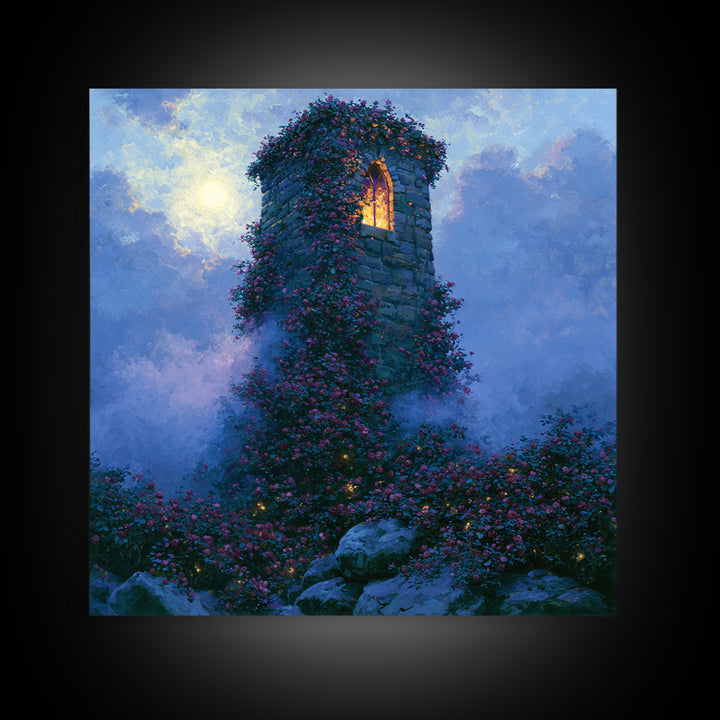 Rose Covered Tower Canvas Print, Fairy Tale Art, Folk Art, Living Room Decor, Fine Art, Storybook, Modern Decor, Fine Art Print, FTA-1x1-18