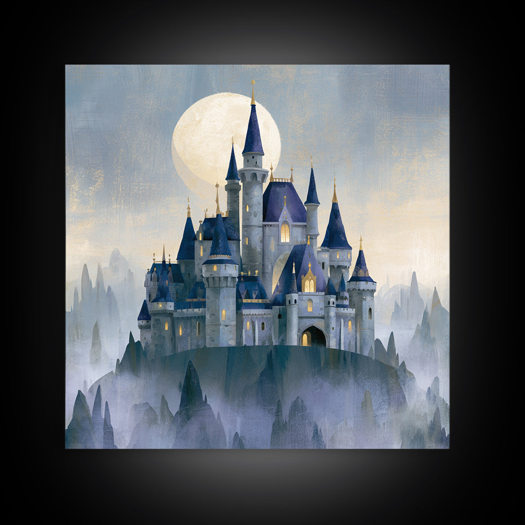 Storybook Castle on a Misty Hill Framed Canvas Print, Fairy Tale Art, Dark Art, Living Room Decor, Fine Art, Storybook, FTA-1x1-2