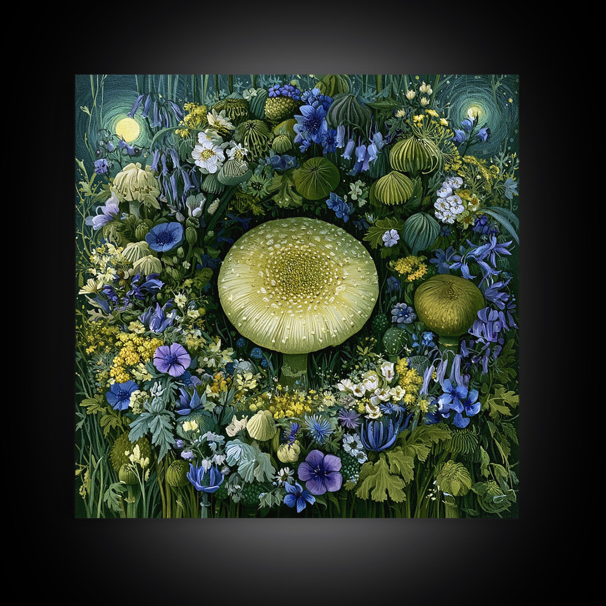 Fairy Ring of Mushrooms and Wildflowers Framed Canvas Print, Fairy Tale Art, Neutral Decor, Living Room Decor, Oil Painting, FTA-1x1-21