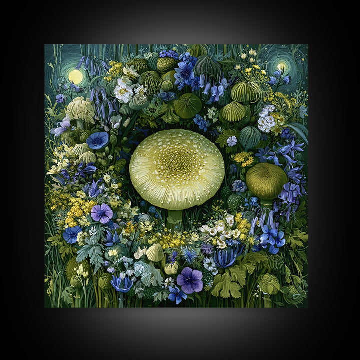 Fairy Ring of Mushrooms and Wildflowers Framed Canvas Print, Fairy Tale Art, Neutral Decor, Living Room Decor, Oil Painting, FTA-1x1-21