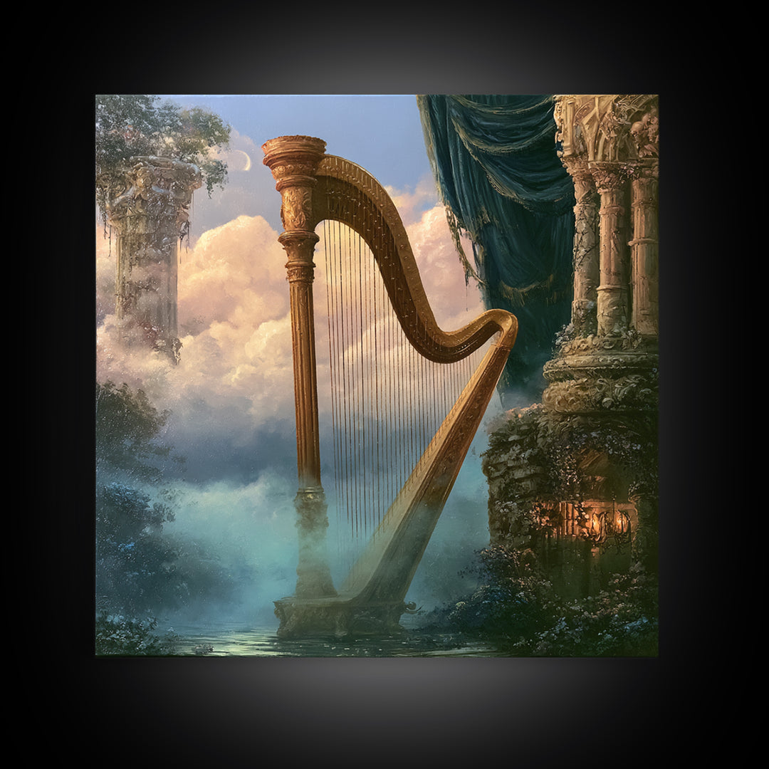 Golden Harp in a Cloud Kingdom Canvas Print, Fairy Tale Art, Princess Wall Art, Living Room Decor, Oil Painting, Storybook, FTA-1x1-22